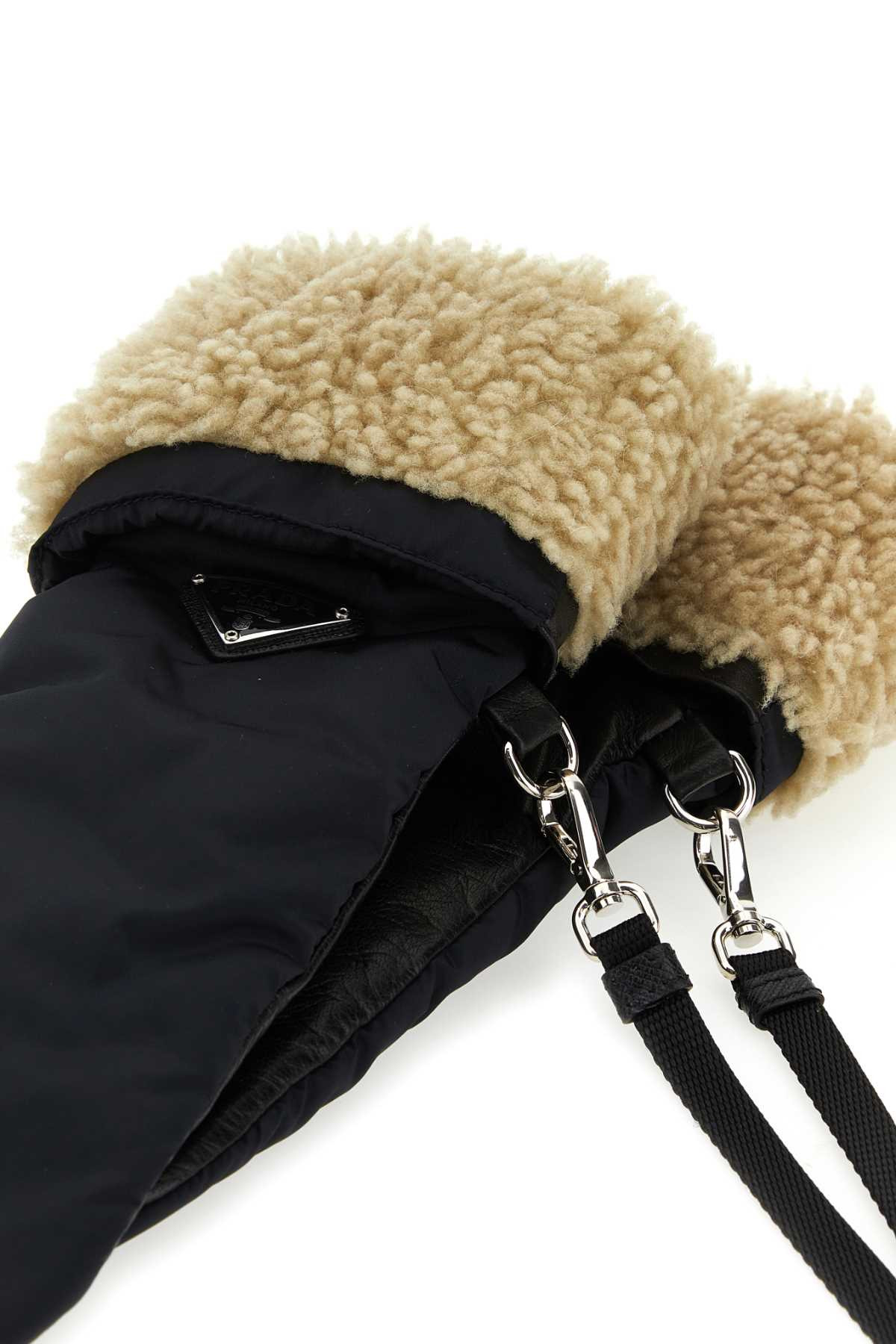 Prada Women Black Nylon And Nappa Leather Gloves - 2