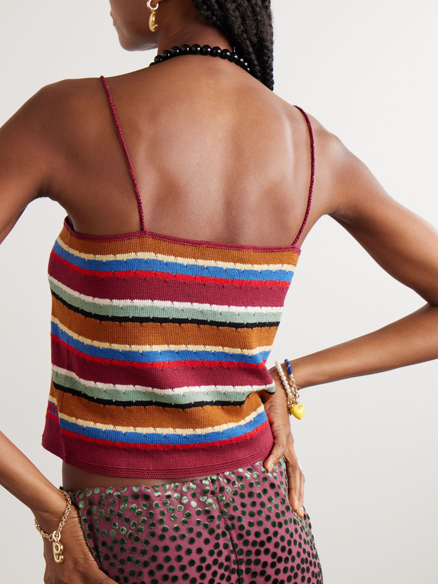 Starkey embroidered striped cotton camisole Brown - 3