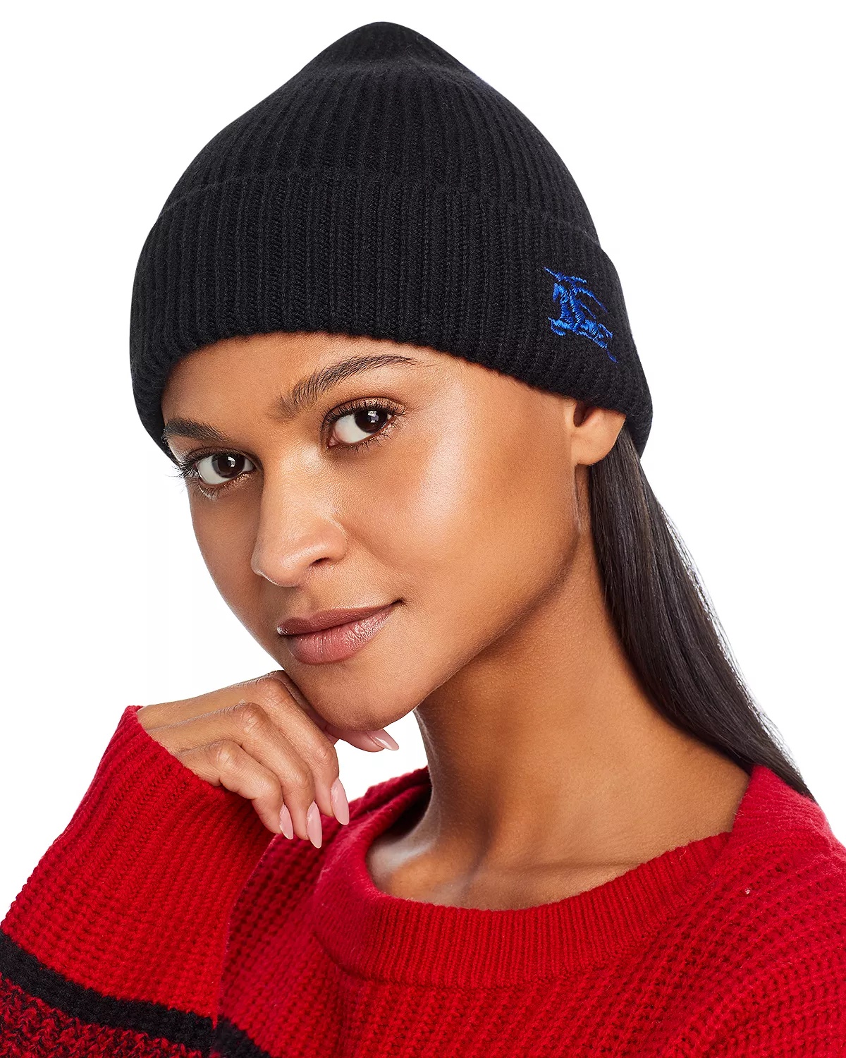 Logo Embroidered Ribbed Cashmere Beanie - 1