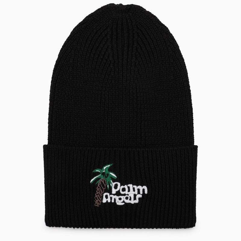 Palm Angels Black knitted hat with logo - 1