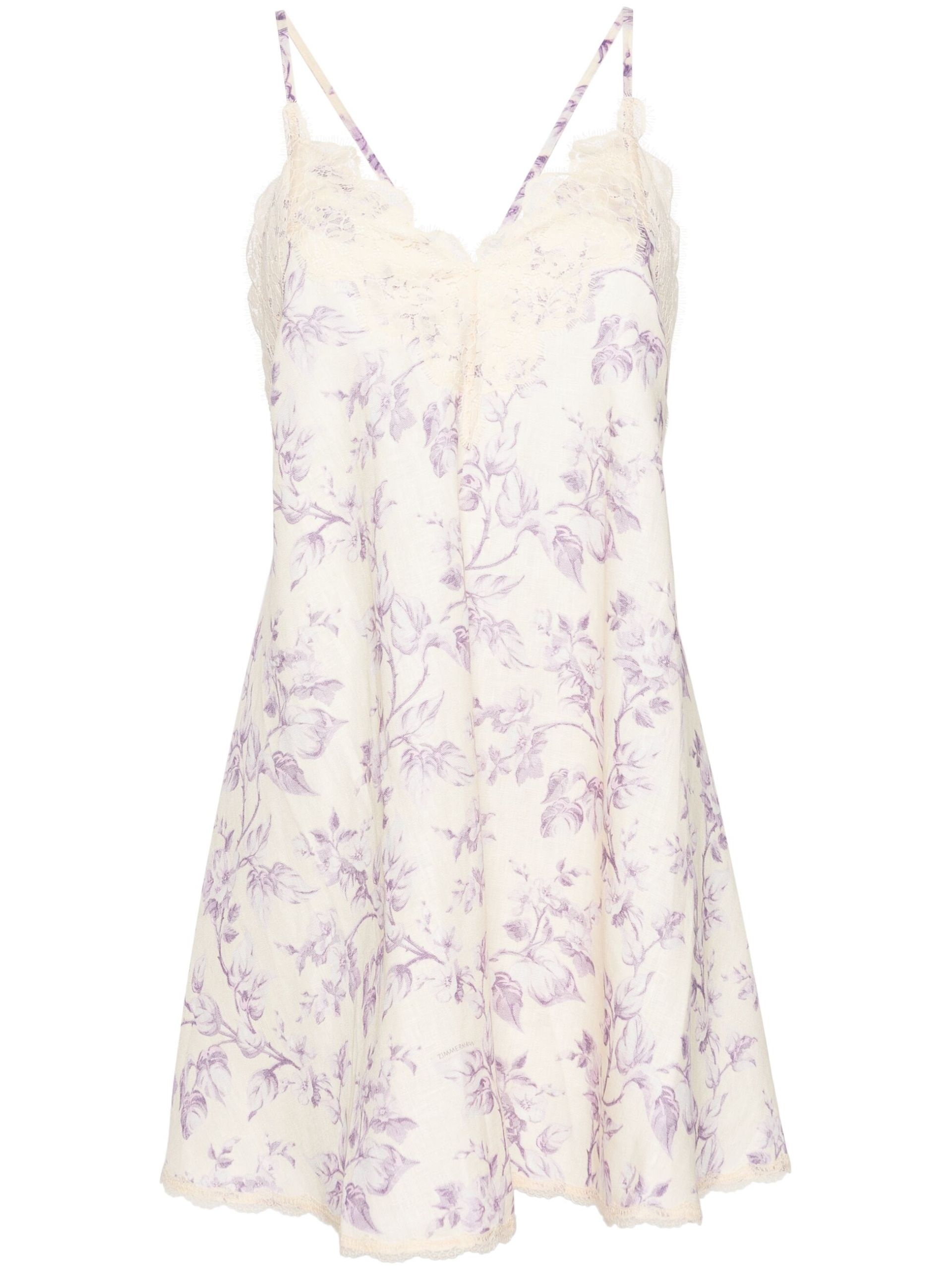 Light Yellow And Lilac Floral Linen Dress - 1