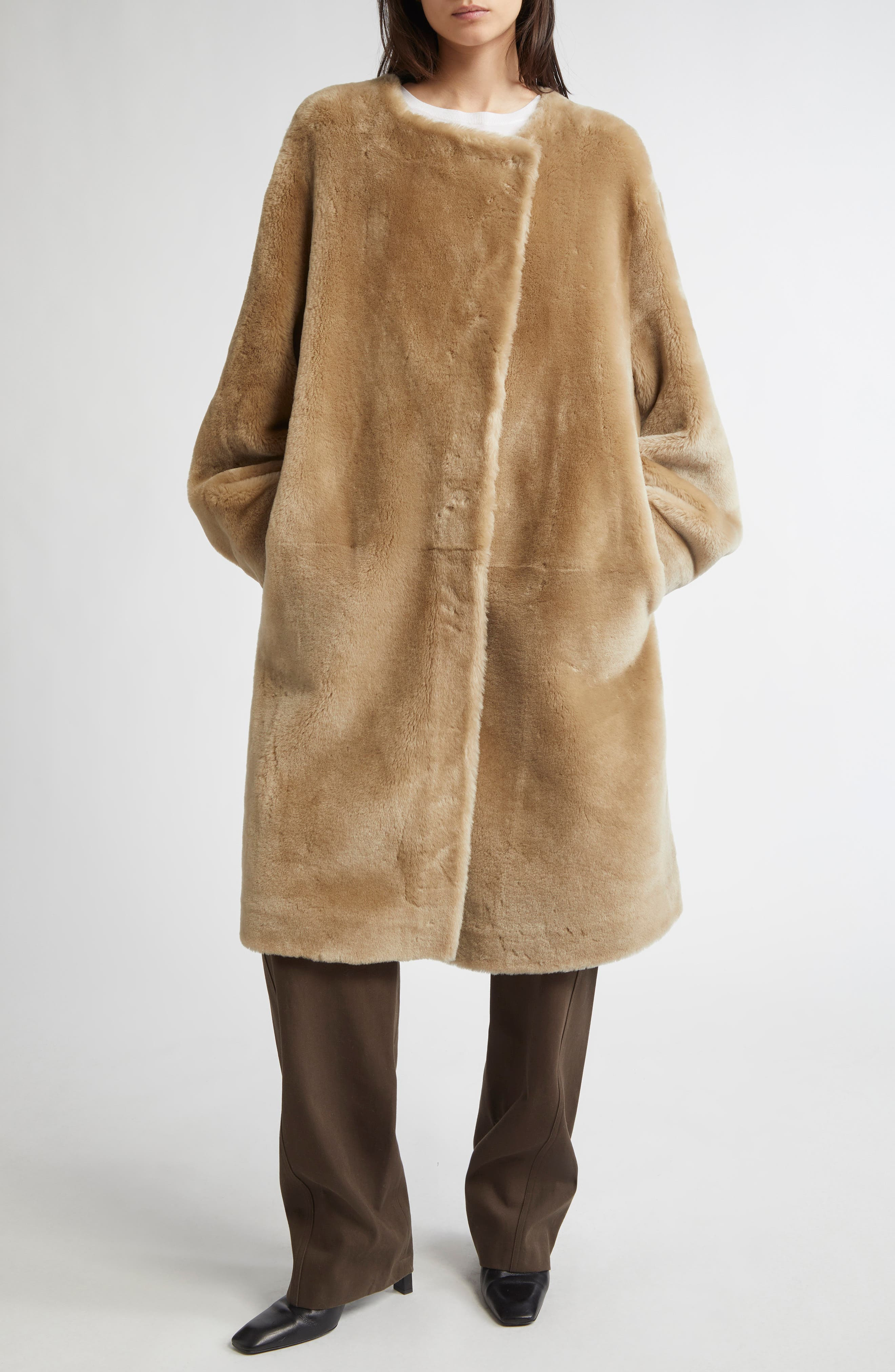 TOTEME Collarless Genuine Shearling Coat in Rye at Nordstrom - 1