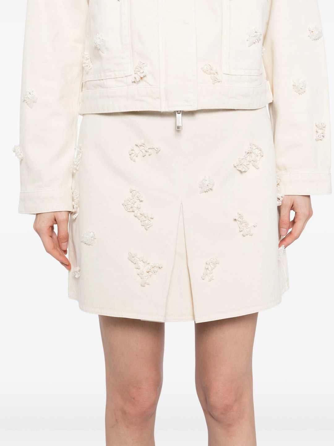 Cream Denim Beaded Floral Mini Skirt - 5