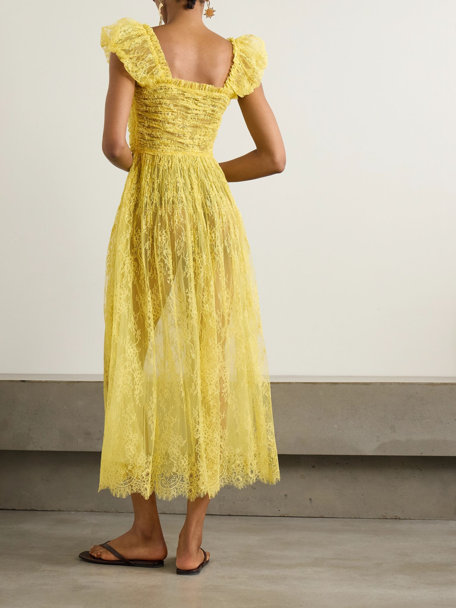 Pamelina ruffled shirred lace midi dress Yellow - 3