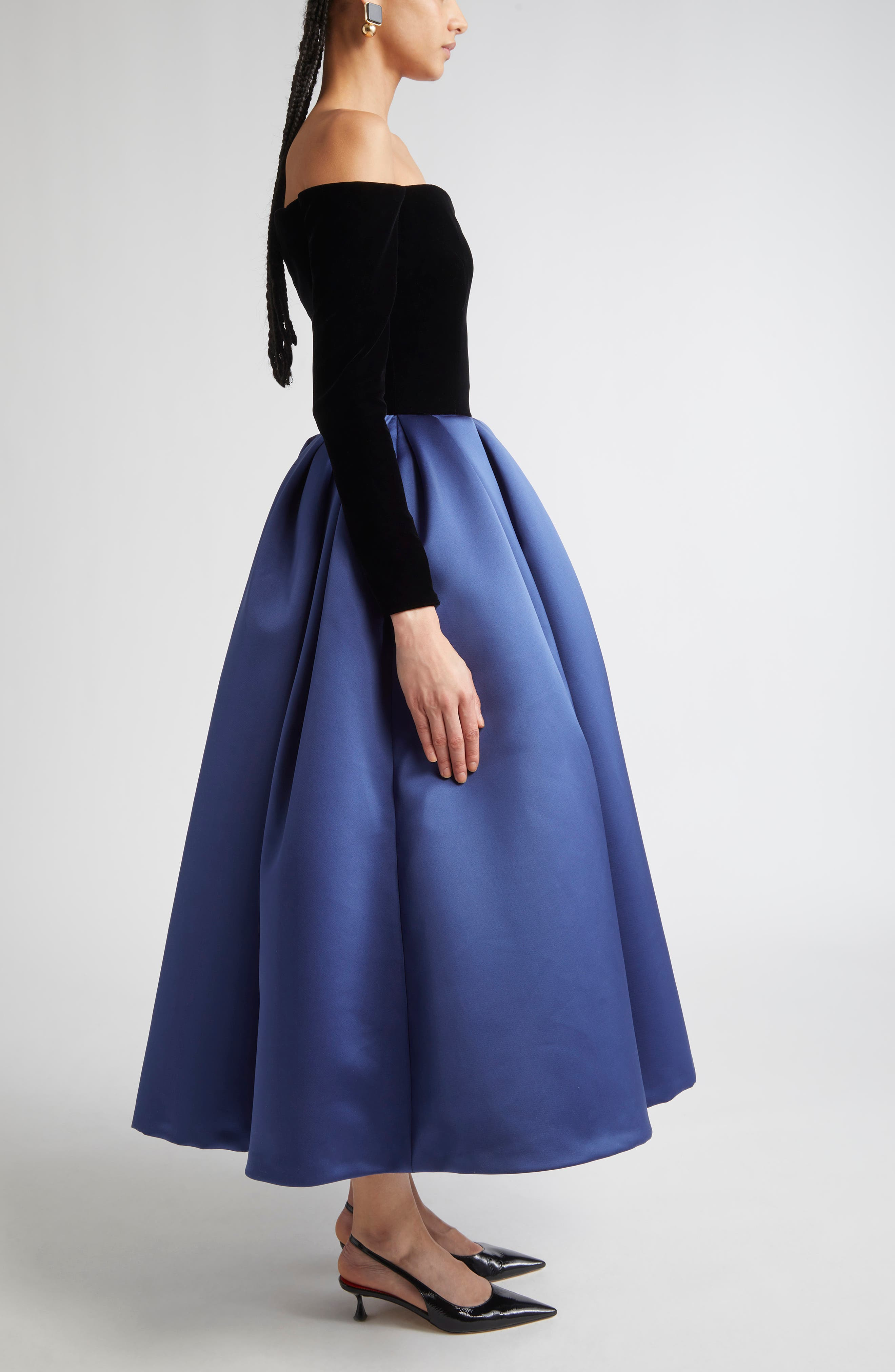 Carolina Herrera Off the Shoulder Long Sleeve Mixed Media Cocktail Dress in Dark Navy Multi at Nords - 3