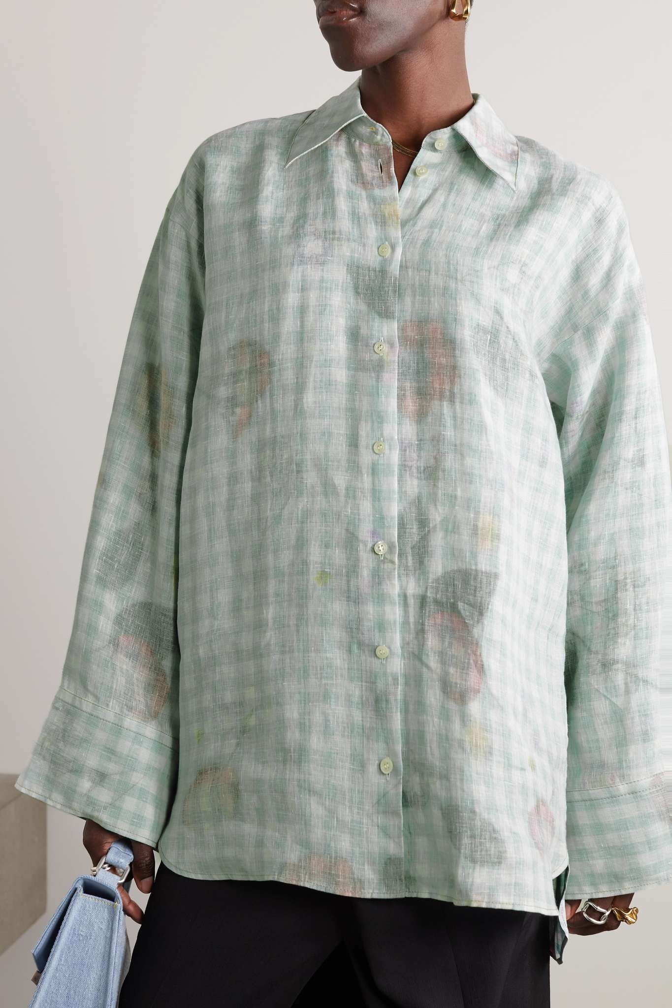 Oversized floral-print gingham linen shirt