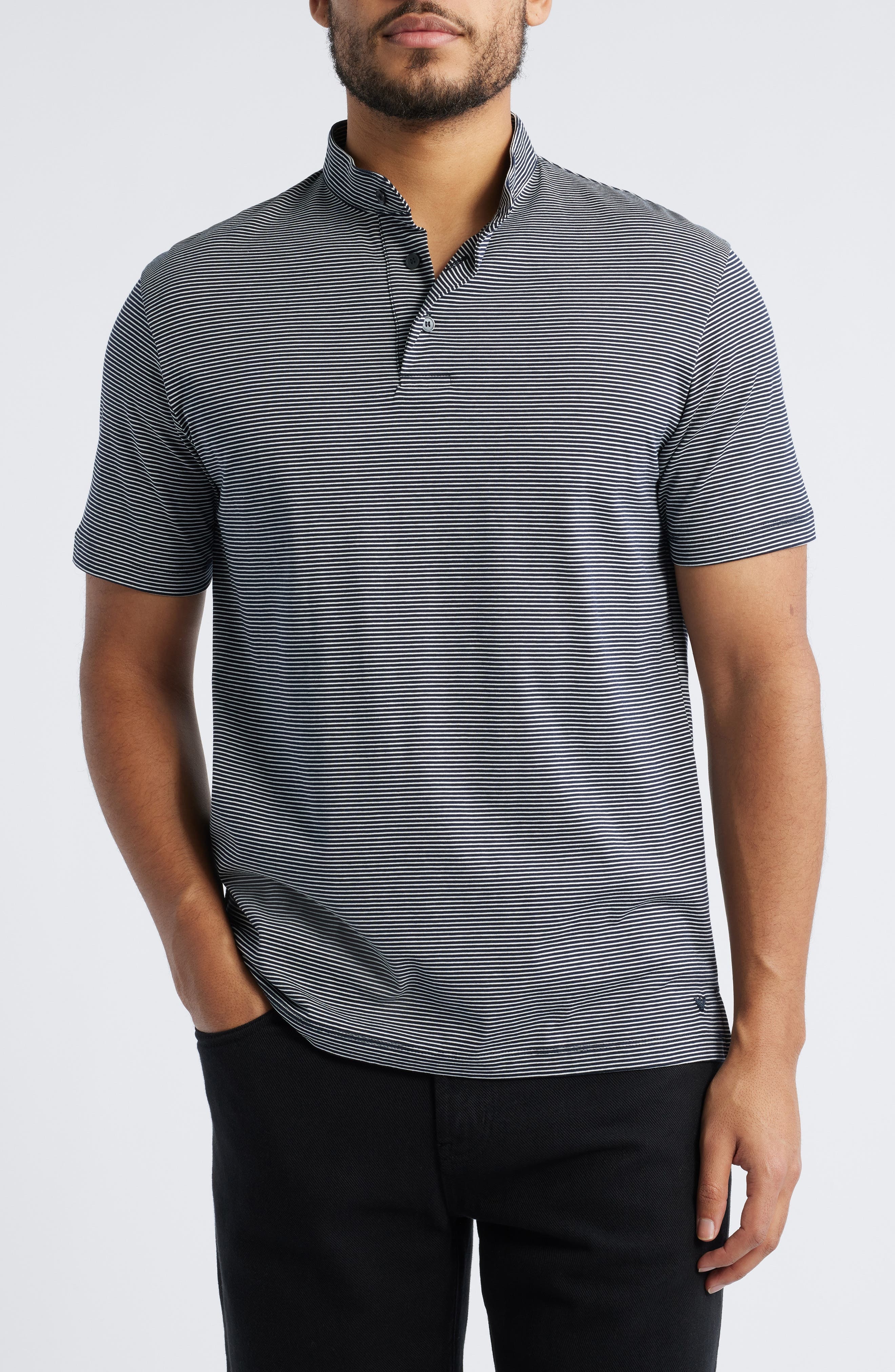 Emporio Armani Stripe Nehru Collar Polo in Navy at Nordstrom - 1