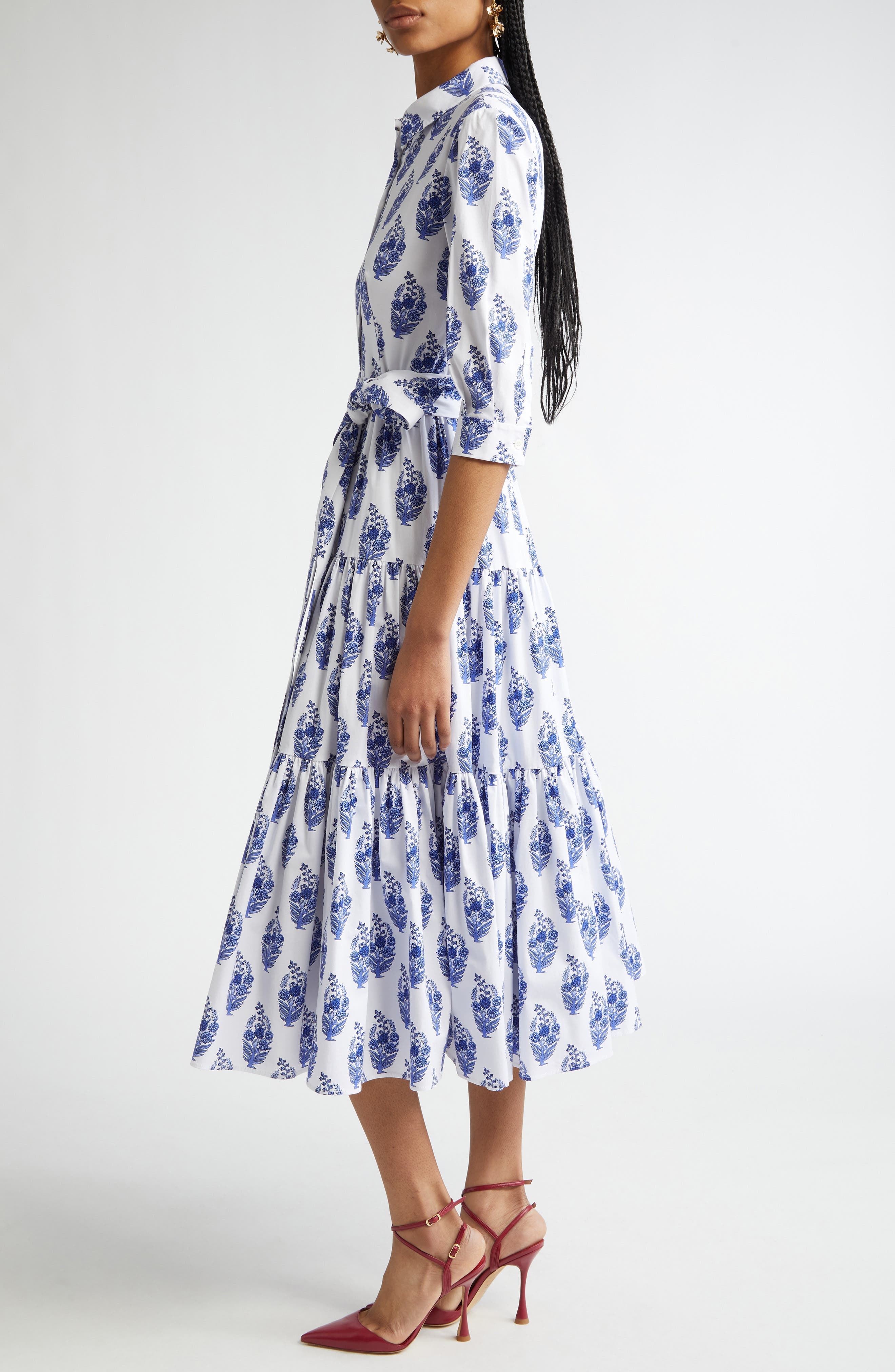 Carolina Herrera Floral Print Tiered Stretch Cotton Shirtdress in White Multi at Nordstrom - 3