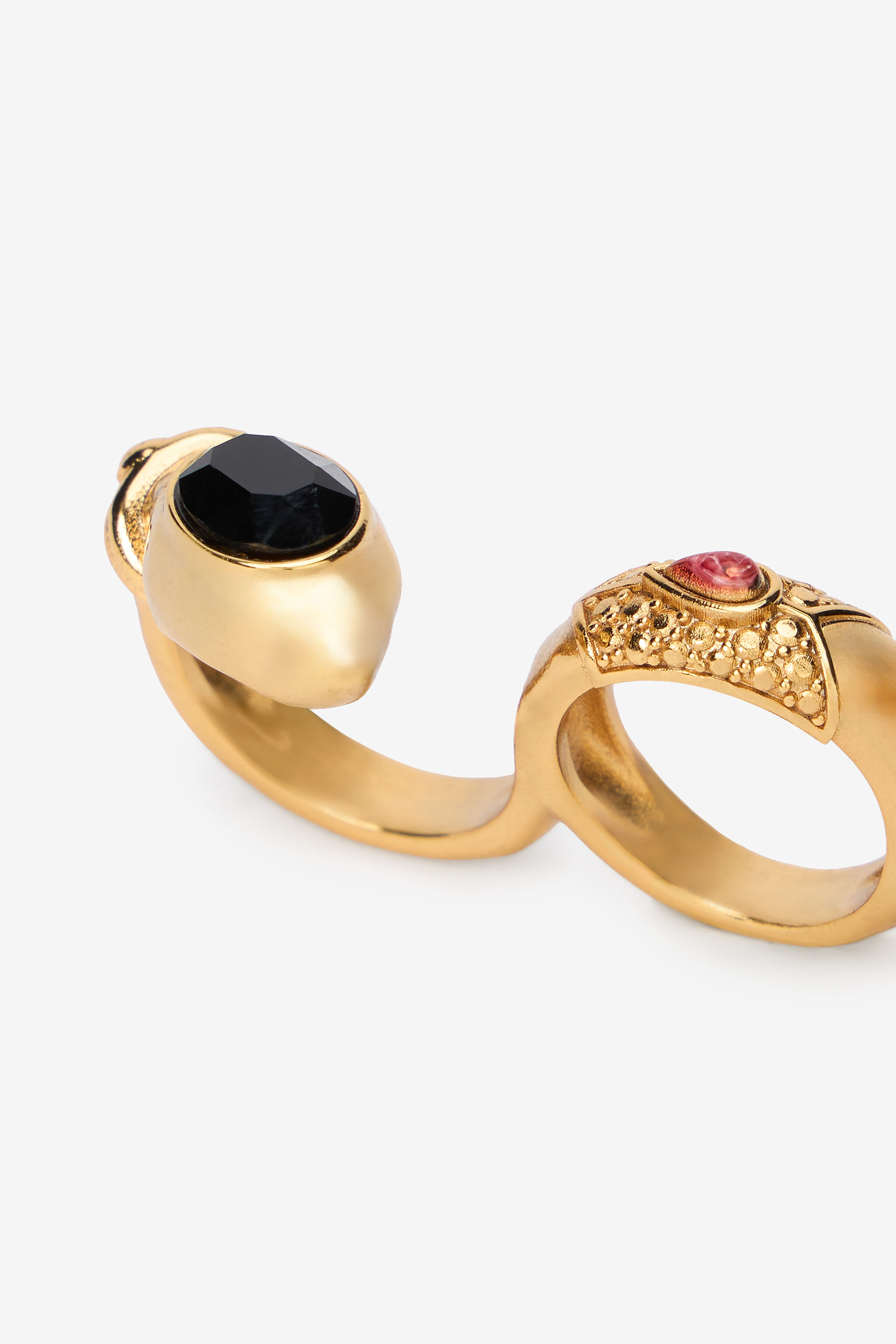 Three-Finger Golden Ring With Black Stones And Ruby - 5