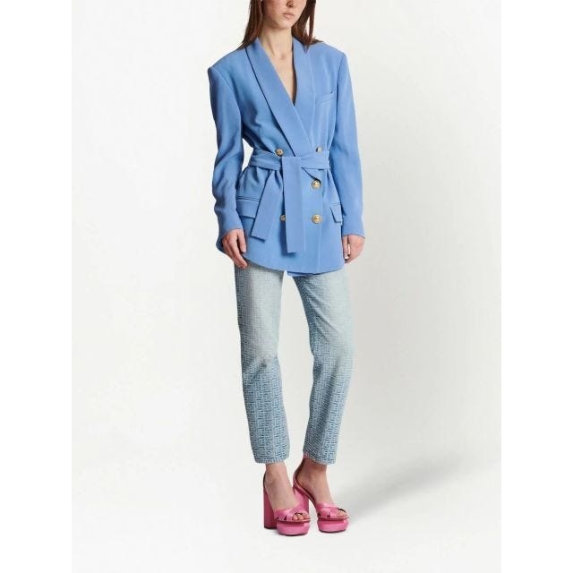 Double-breasted blazer with belt Light blue - 2