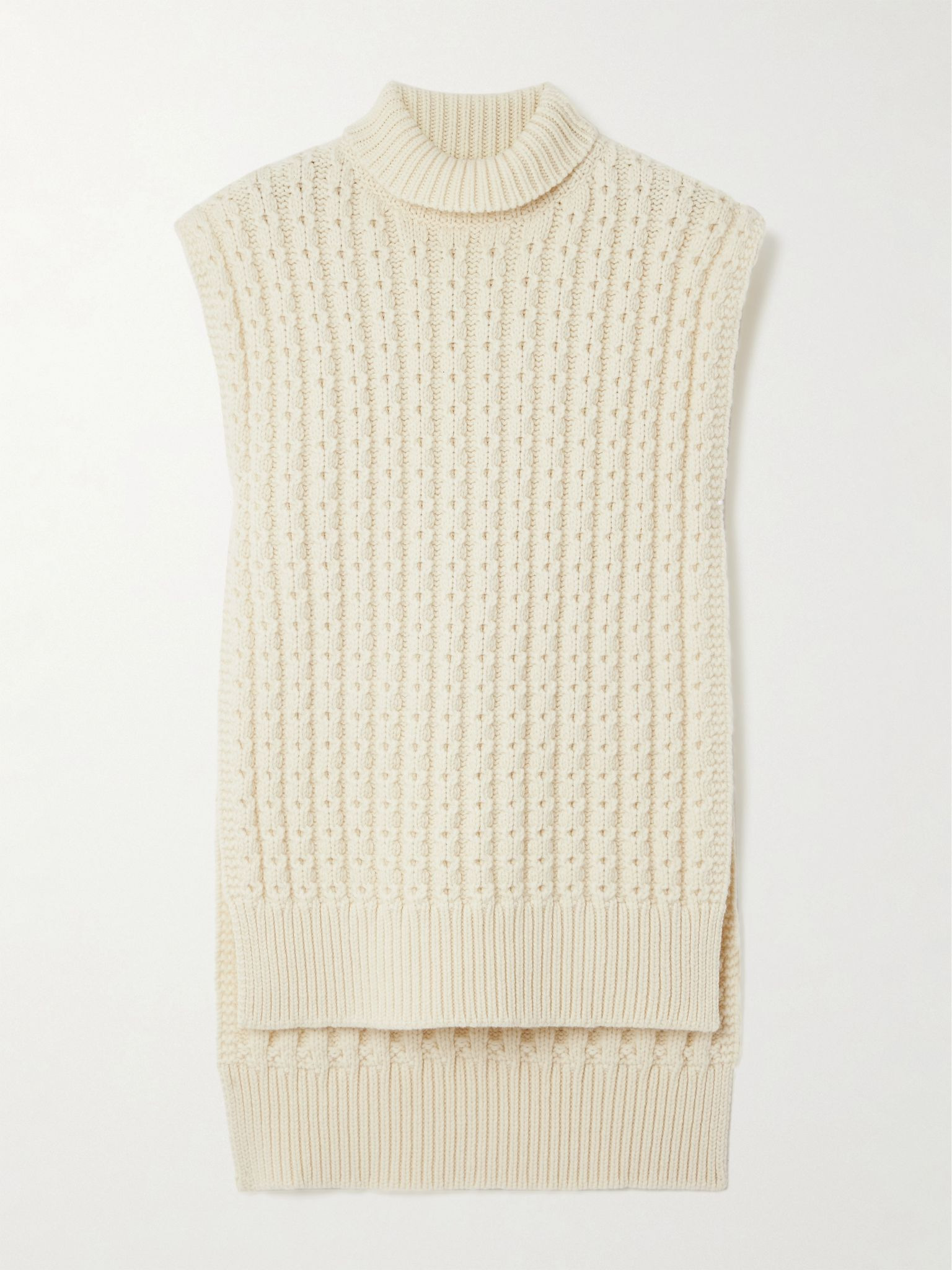 Oversized belted ribbed wool turtleneck sweater vest Ivory - 1