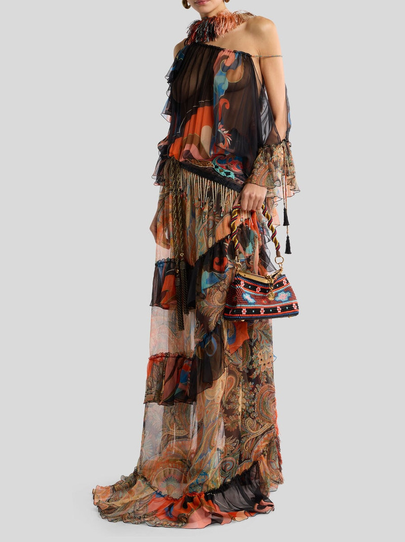 LONG SILK DRESS WITH RUFFLES AND TWO MOTIFS 4
