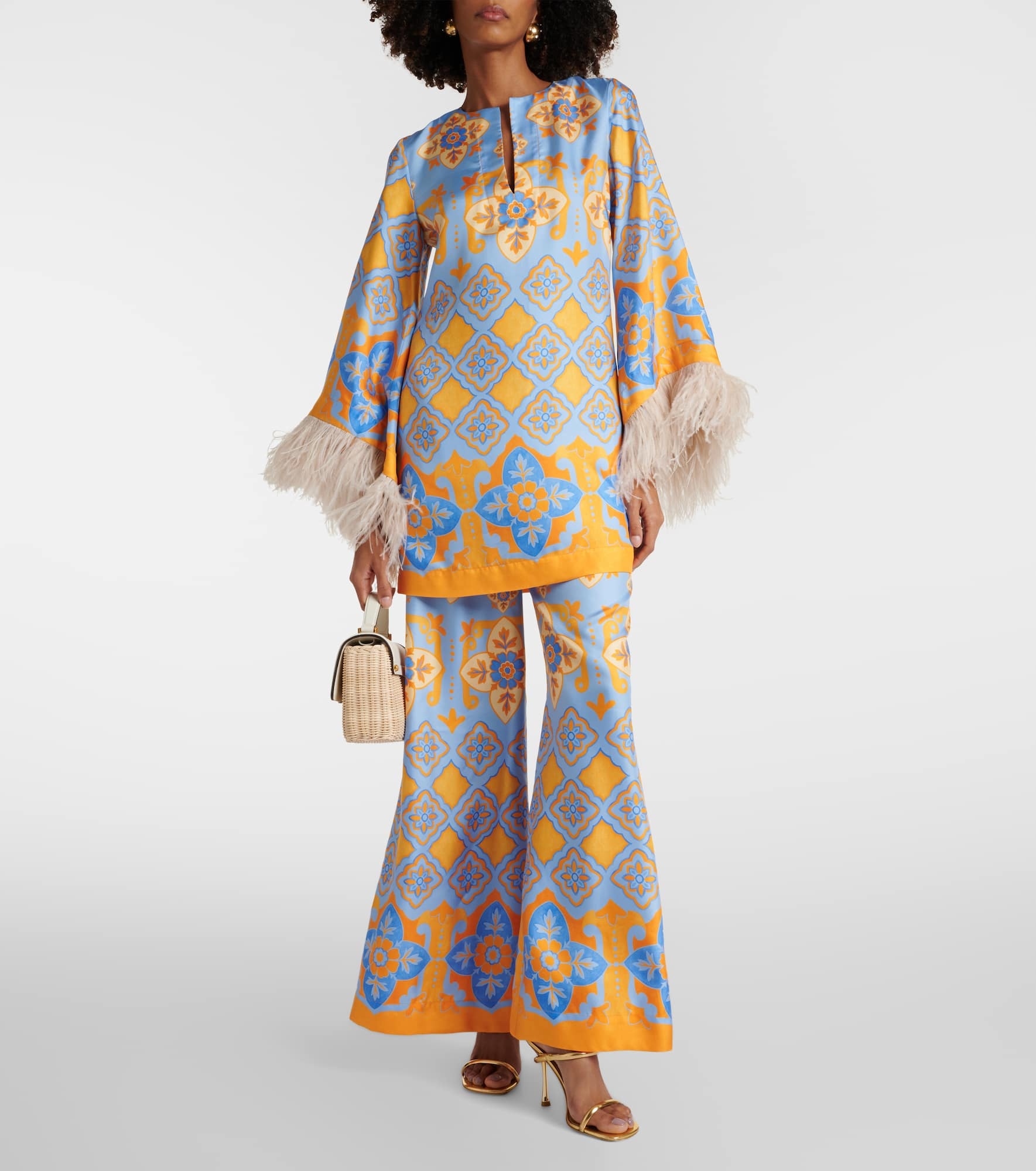 Printed feather-trimmed silk minidress - 2