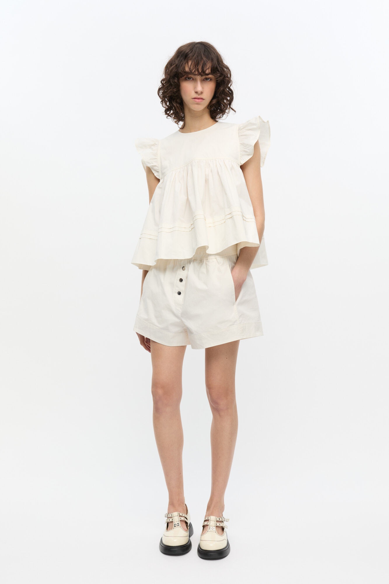 WHITE STRETCH COTTON FRILL SLEEVE TOP - 3