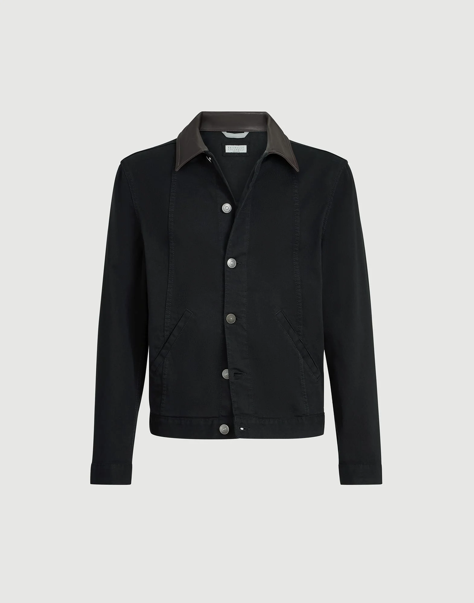 Garment-dyed outerwear jacket in comfort cotton lightweight denim with leather collar - 1