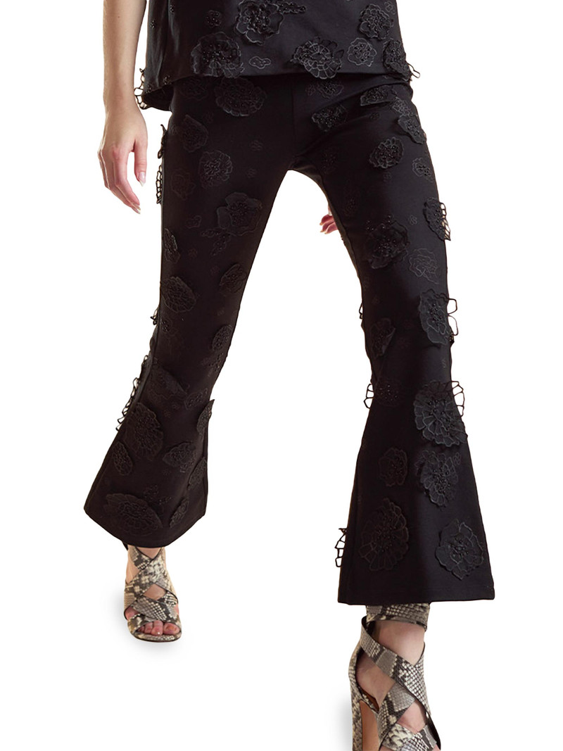 Women's 3D Floral Ponte-Knit Bootcut Pants - Black 3