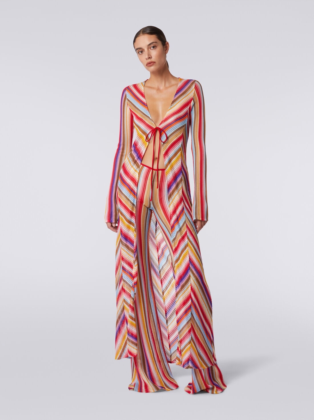 Long cover up cardigan in striped crochet - 2