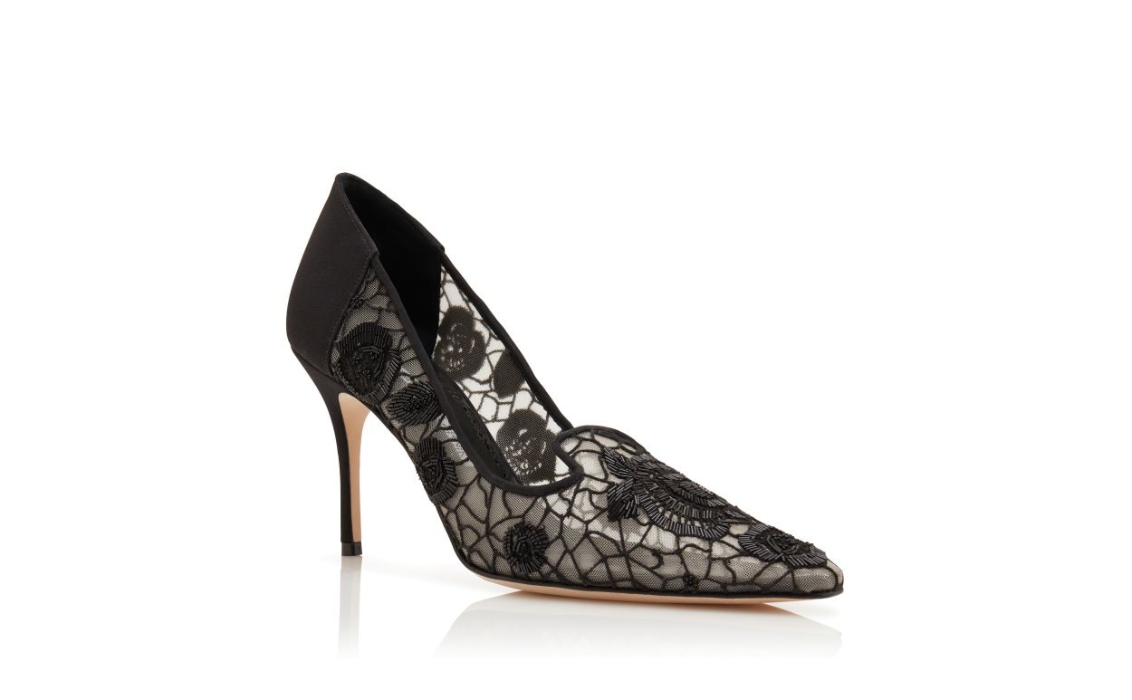 Black Mesh Floral Detail Pumps - 3