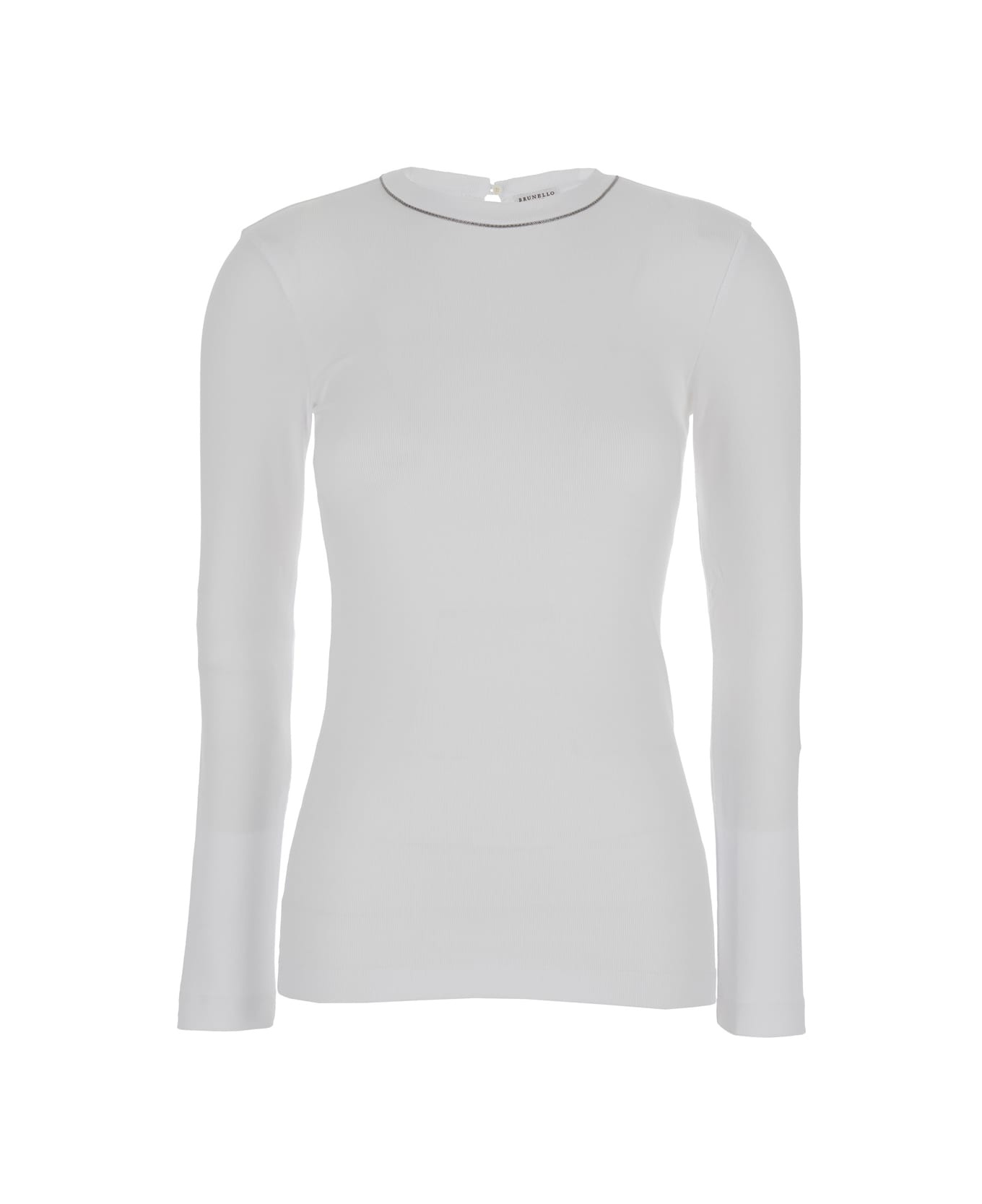 White Long-sleeve Top With Monile Detail In Ribbed Stretch Cotton Woman - 1