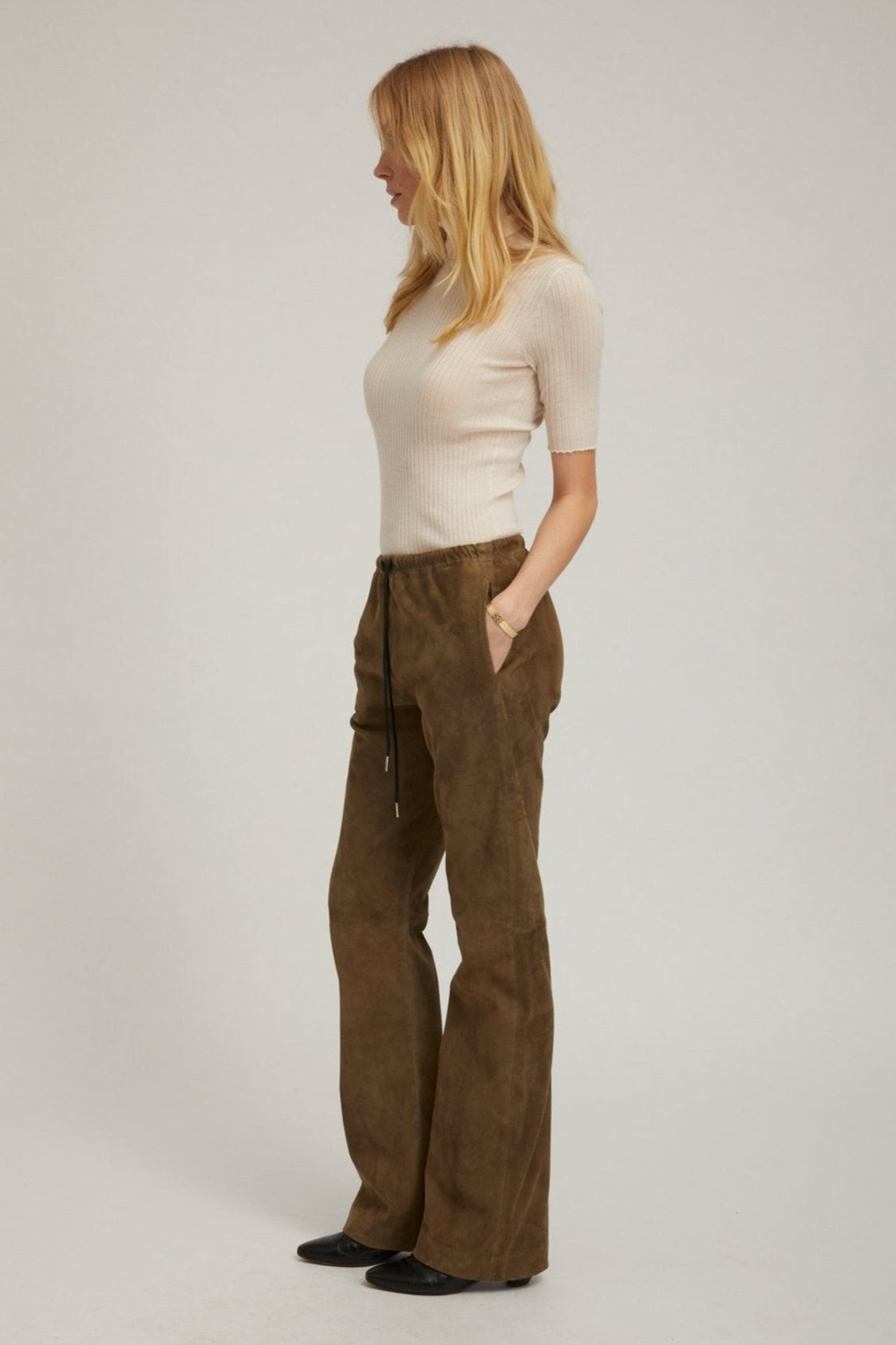 OLIVE SUEDE STRAIGHT LEG PANTS - 2
