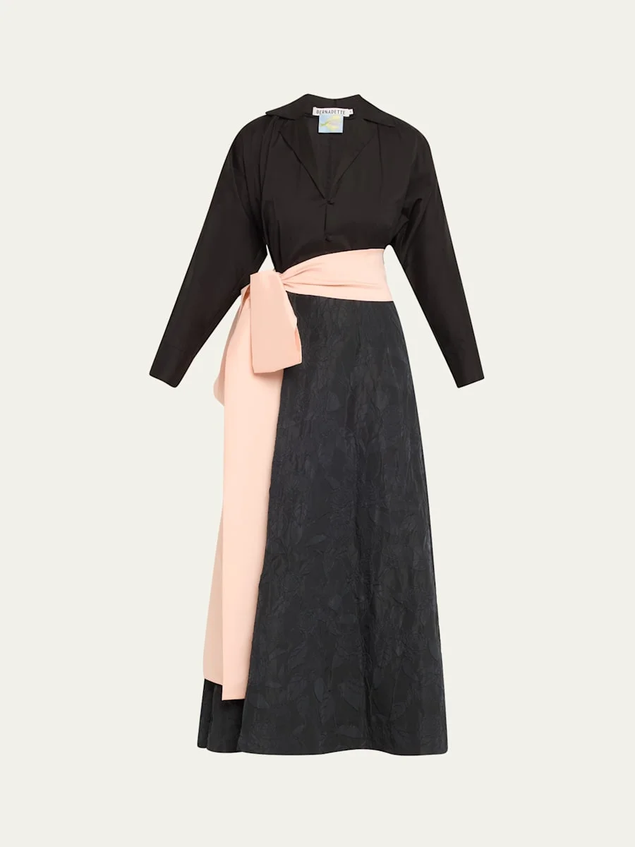 Floral Embossed Wrap Dress with Bow - 1