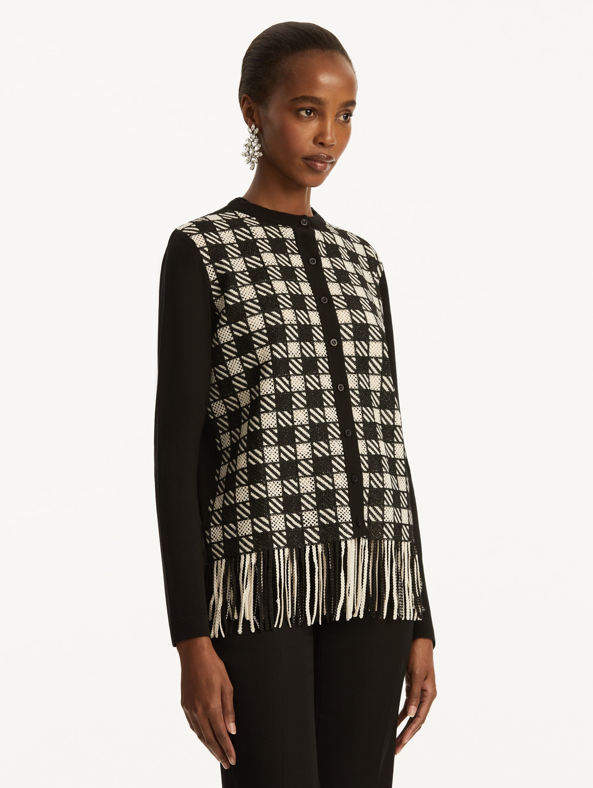 CHECKED FRINGE GUIPURE CARDIGAN - 5