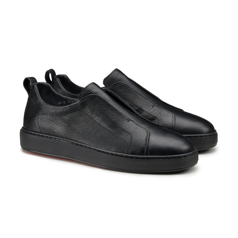Santoni Men's black leather slip-on sneaker outlook
