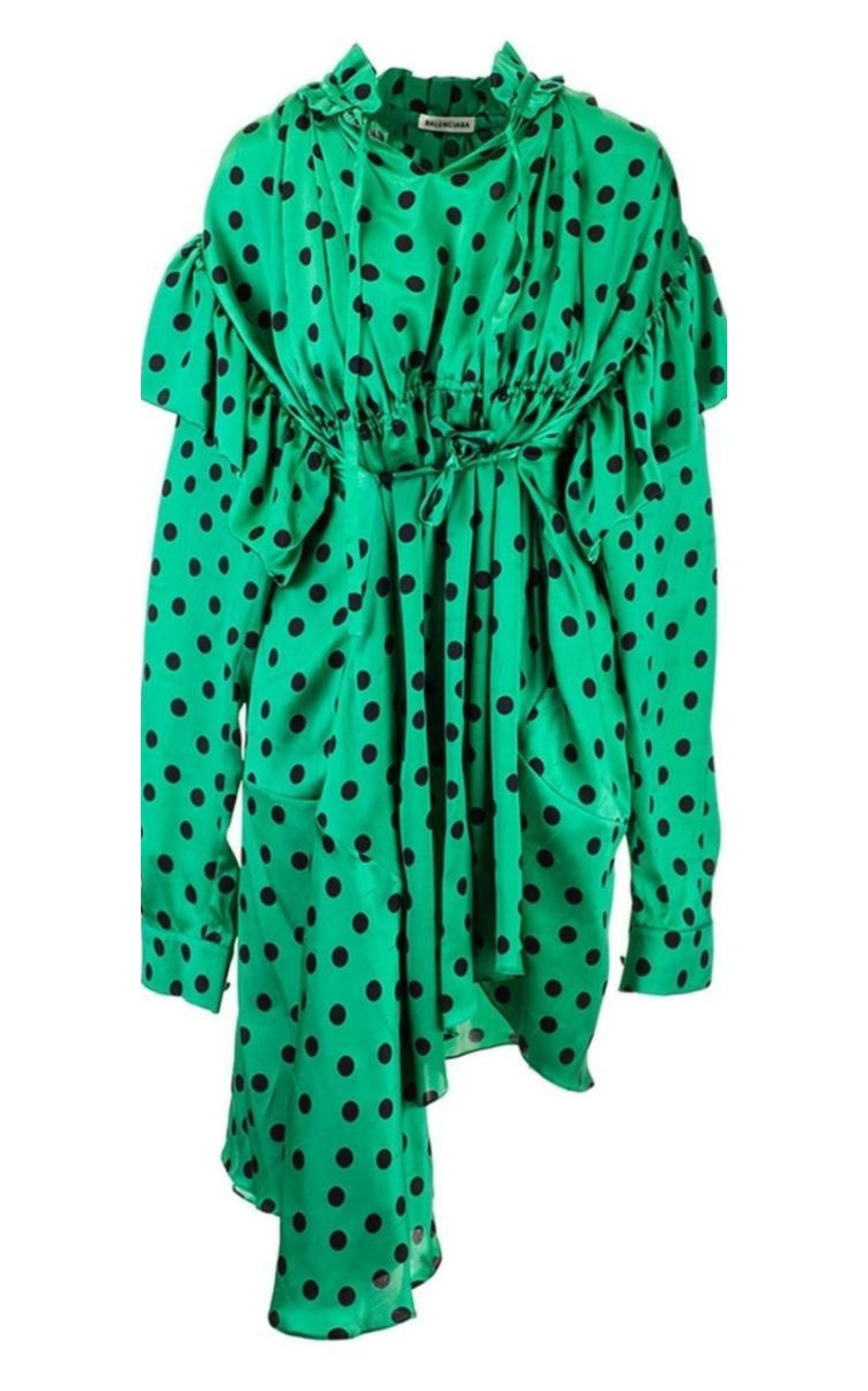 Polka Dot Print Long Sleeve Logo Jacquard Babydoll Dress - 1