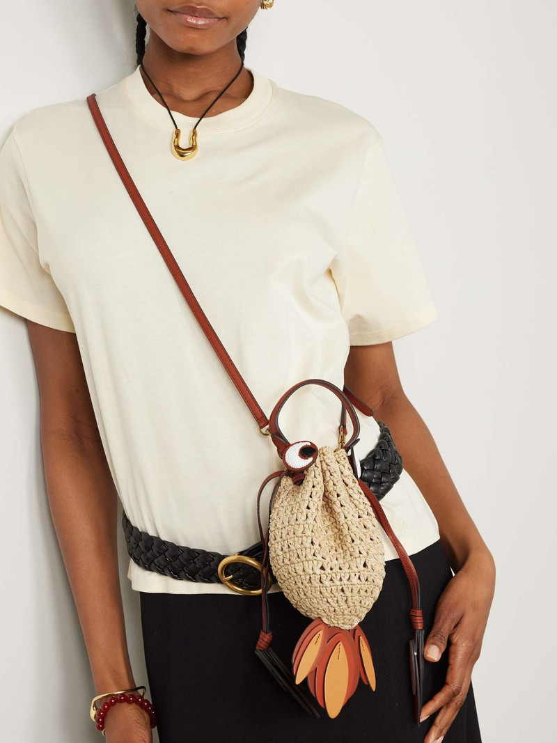 Goldfish leather-trimmed embroidered raffia shoulder bag 6