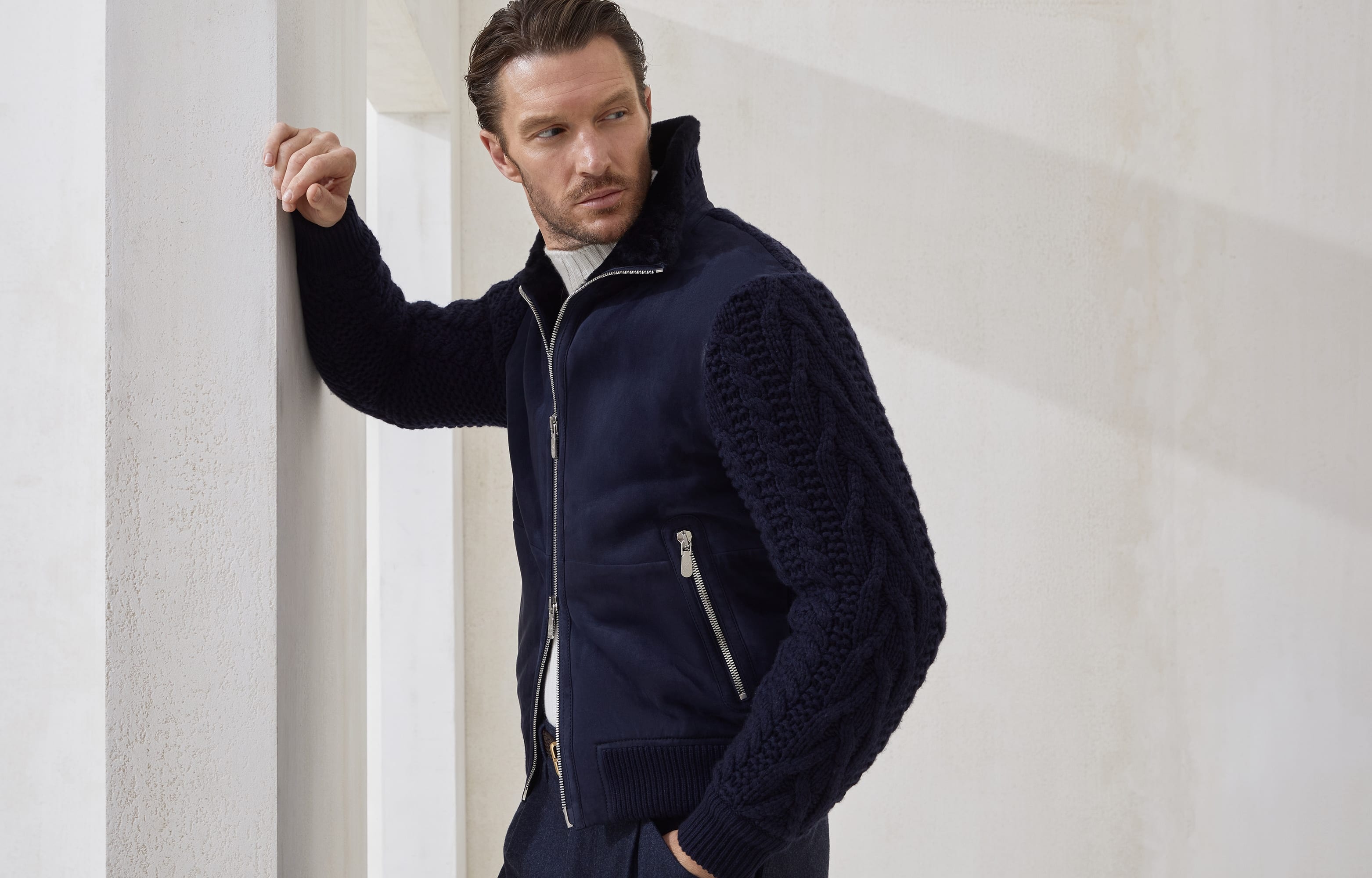 Suede shearling and cashmere knit bomber jacket with Thermore® padding - 6