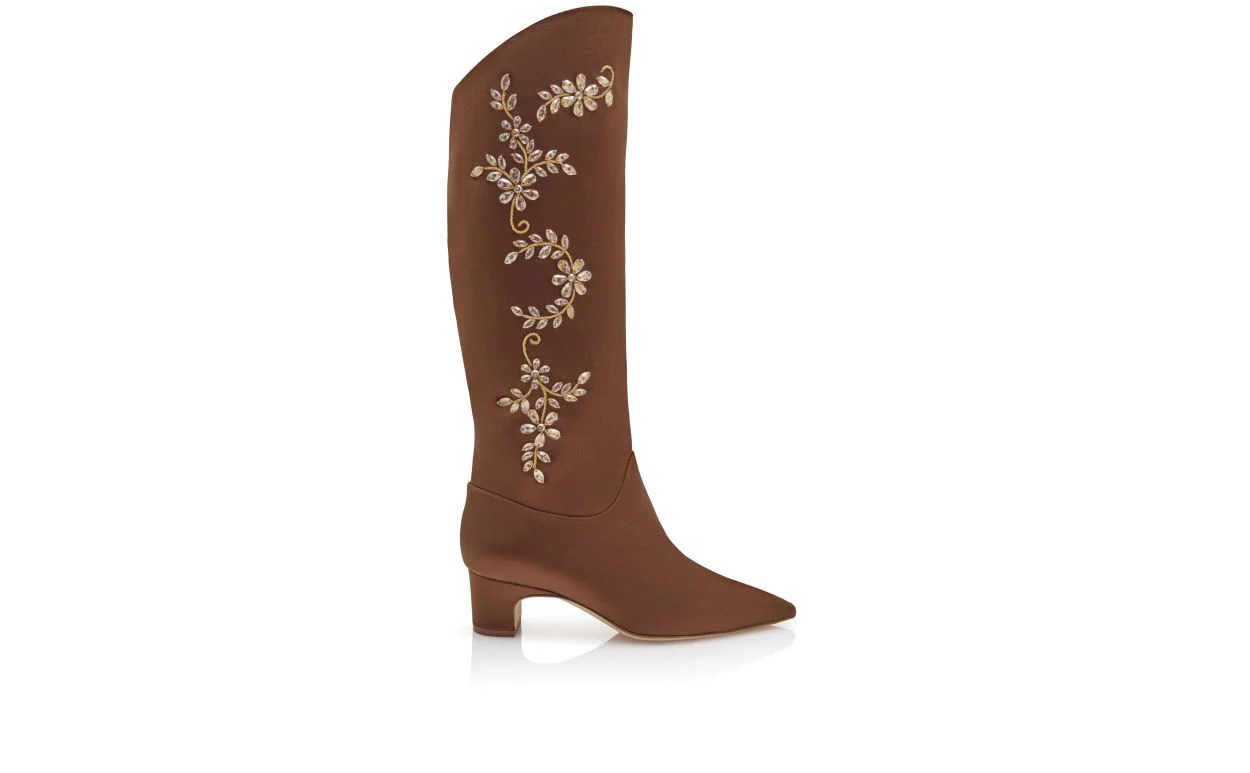 Brown Satin Embroidered Knee High Boots - 1