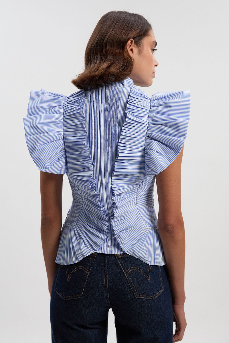Stripe Pleated Ruffle Sleeve Woven Top 5