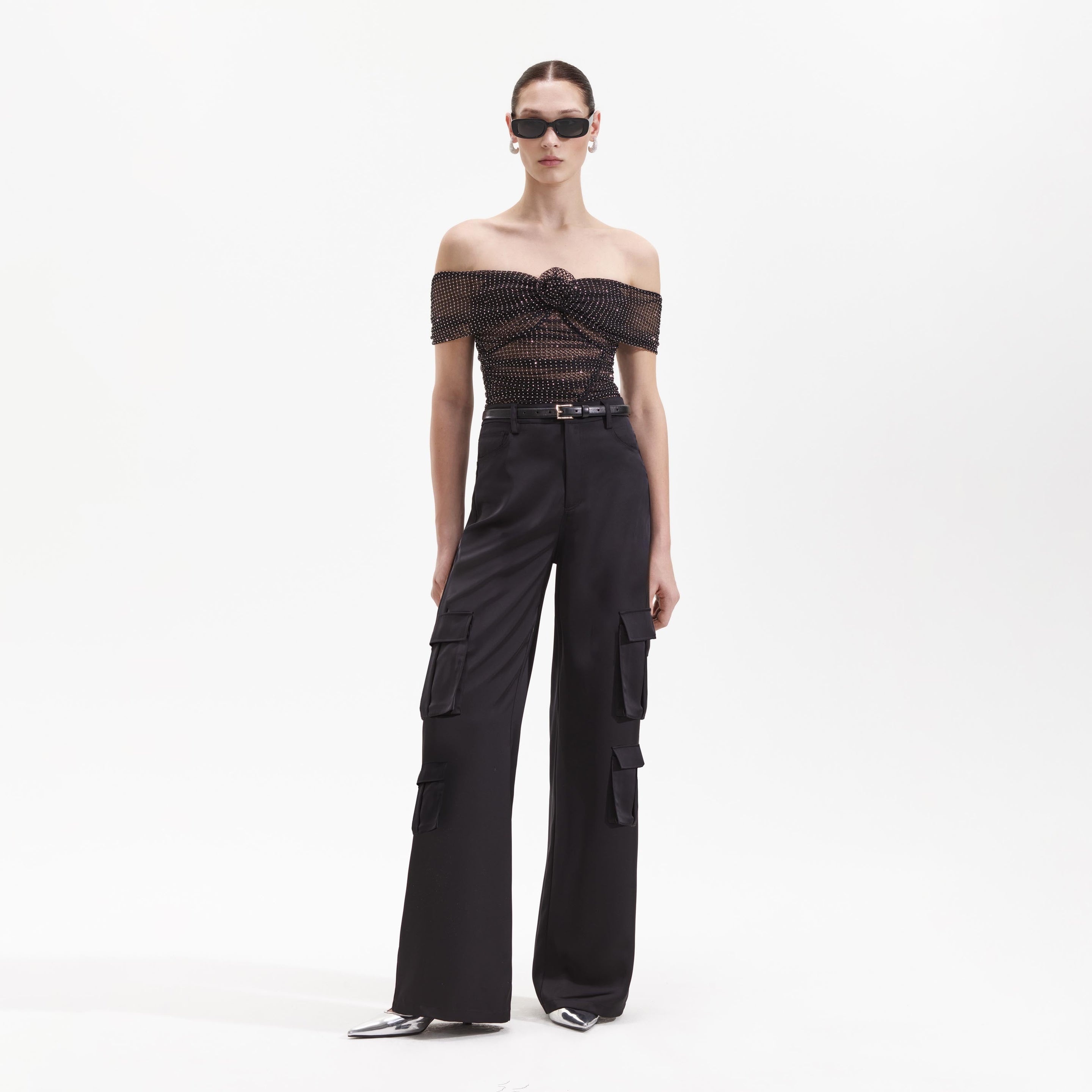 Black Satin Cargo Trouser - 1