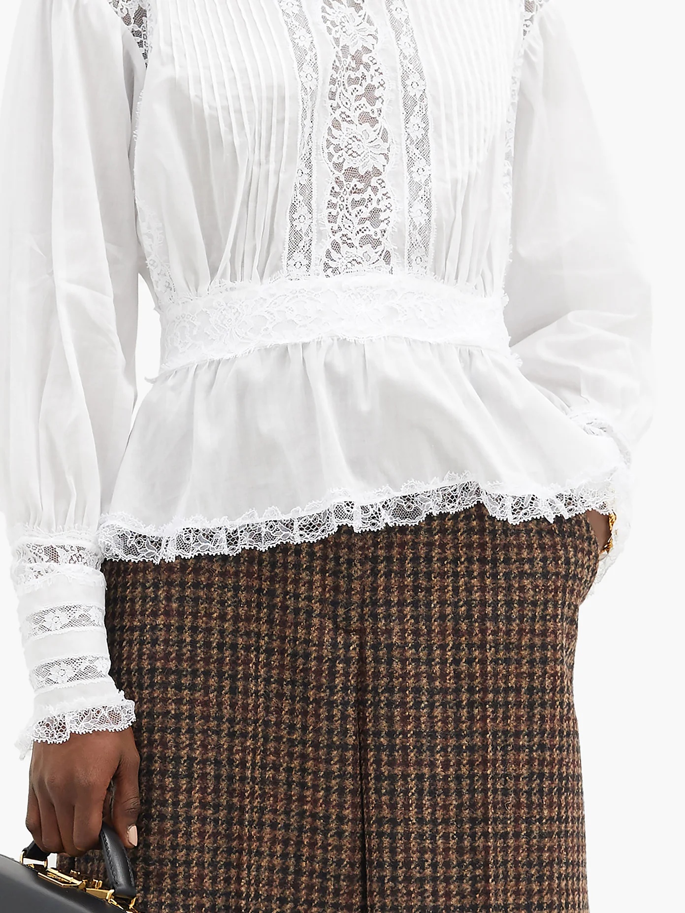 Lace-trimmed pintucked cotton-blend blouse - 3