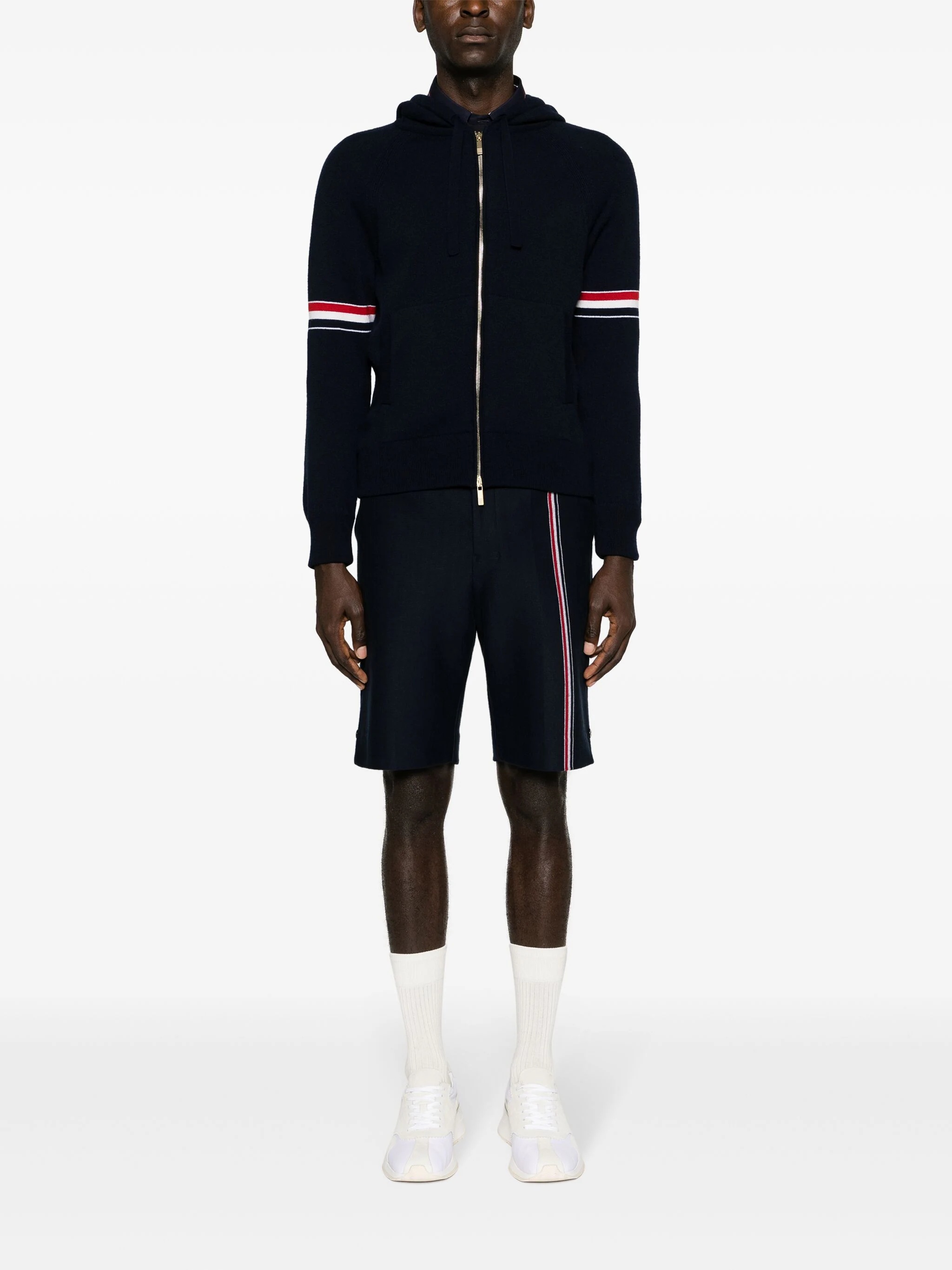 THOM BROWNE Men Jersey Float Jacquard Stitch Zip Up Hoodie In Cashmere W/Rwb Armband - 4