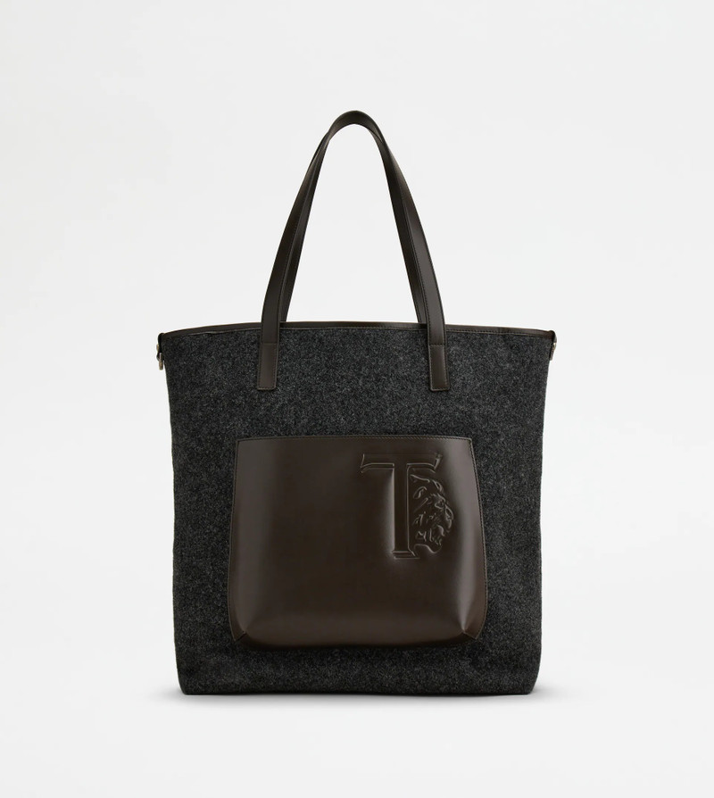 SHOPPING BAG IN FELT AND LEATHER MEDIUM - GREY, BROWN 1