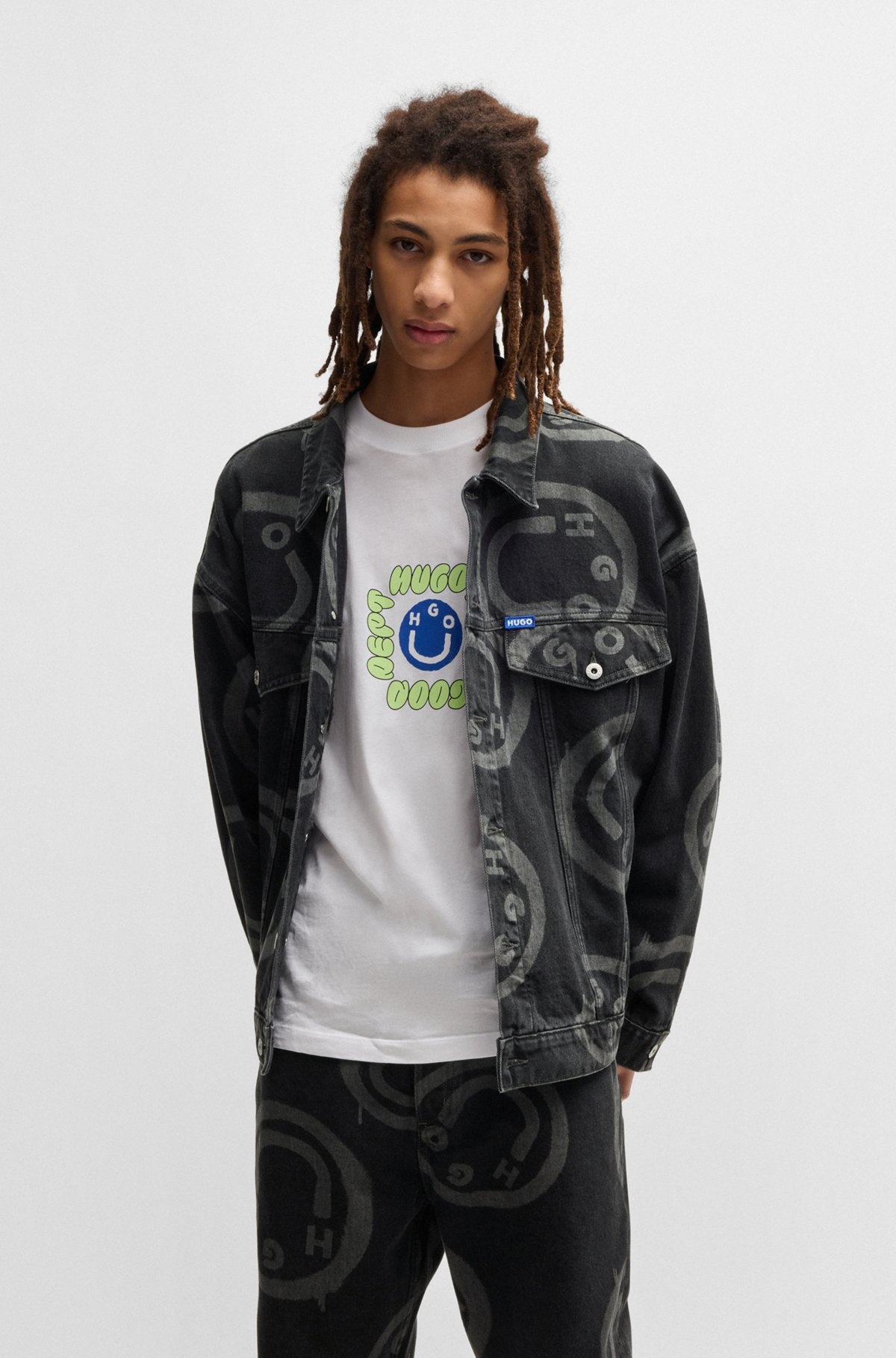 RELAXED-FIT DENIM JACKET WITH HAPPY HUGO PRINT - 2