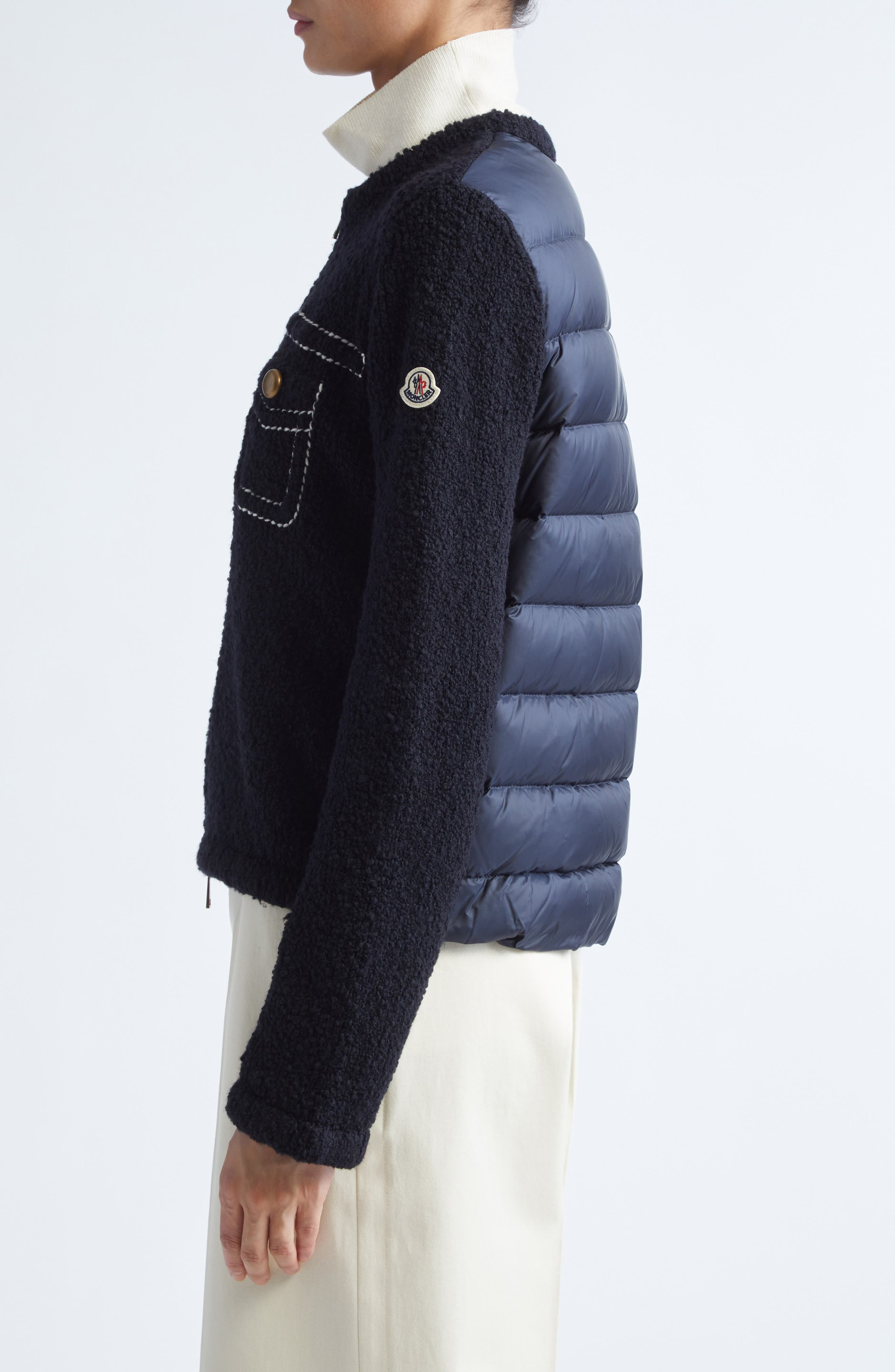 Moncler Trompe l'Oeil Bouclé Knit & Down Cardigan in Navy Blue at Nordstrom - 3