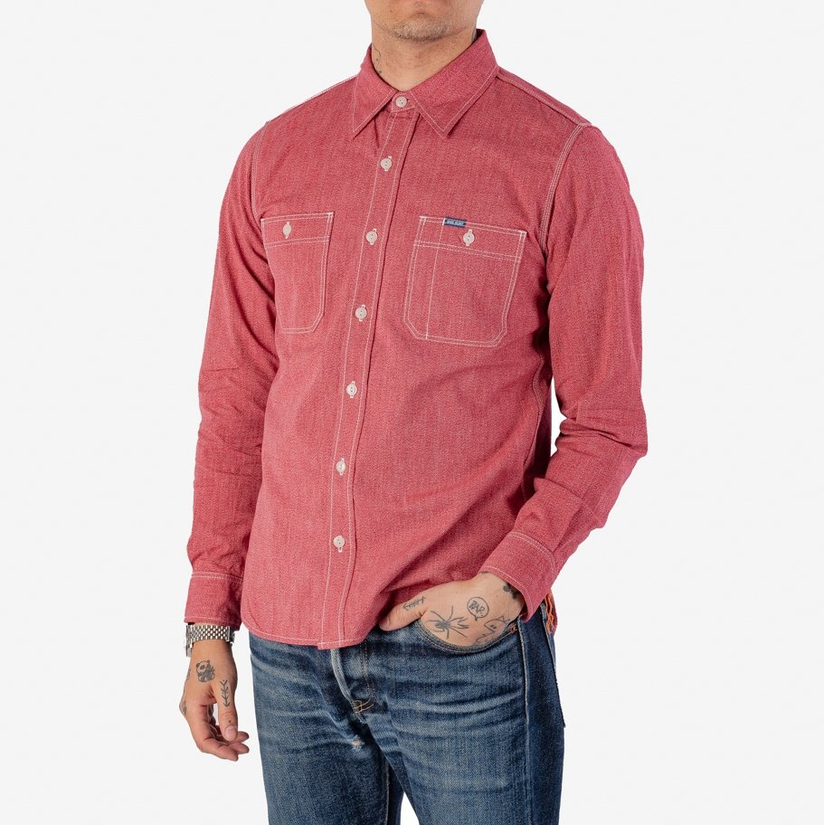 IHSH-290-RED 10oz Mock Twist Selvedge Chambray Work Shirt - Red - 2