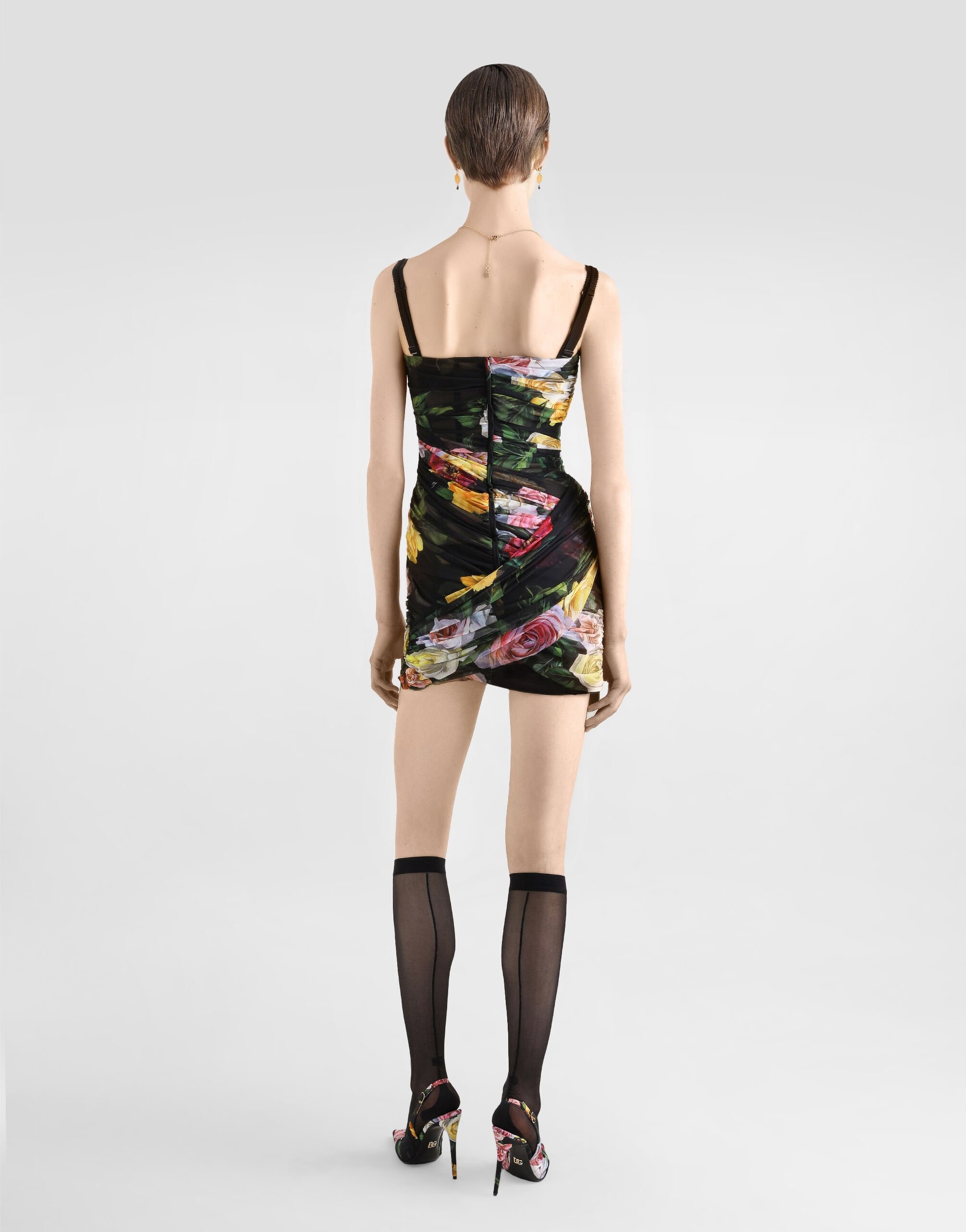 Short tulle dress with draping and peony and rose print - 3