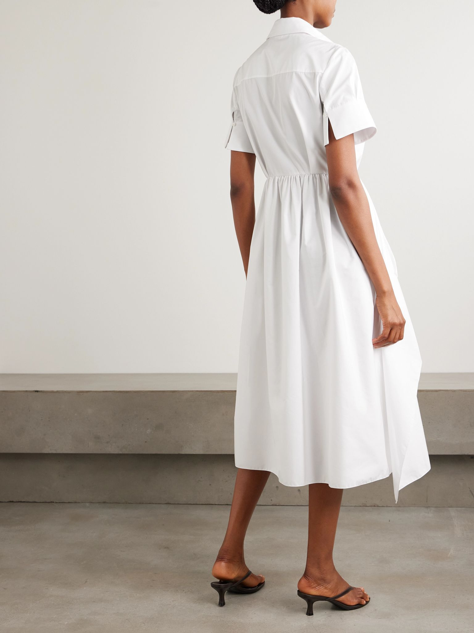 Embroidered gathered cotton-poplin midi shirt dress White - 3