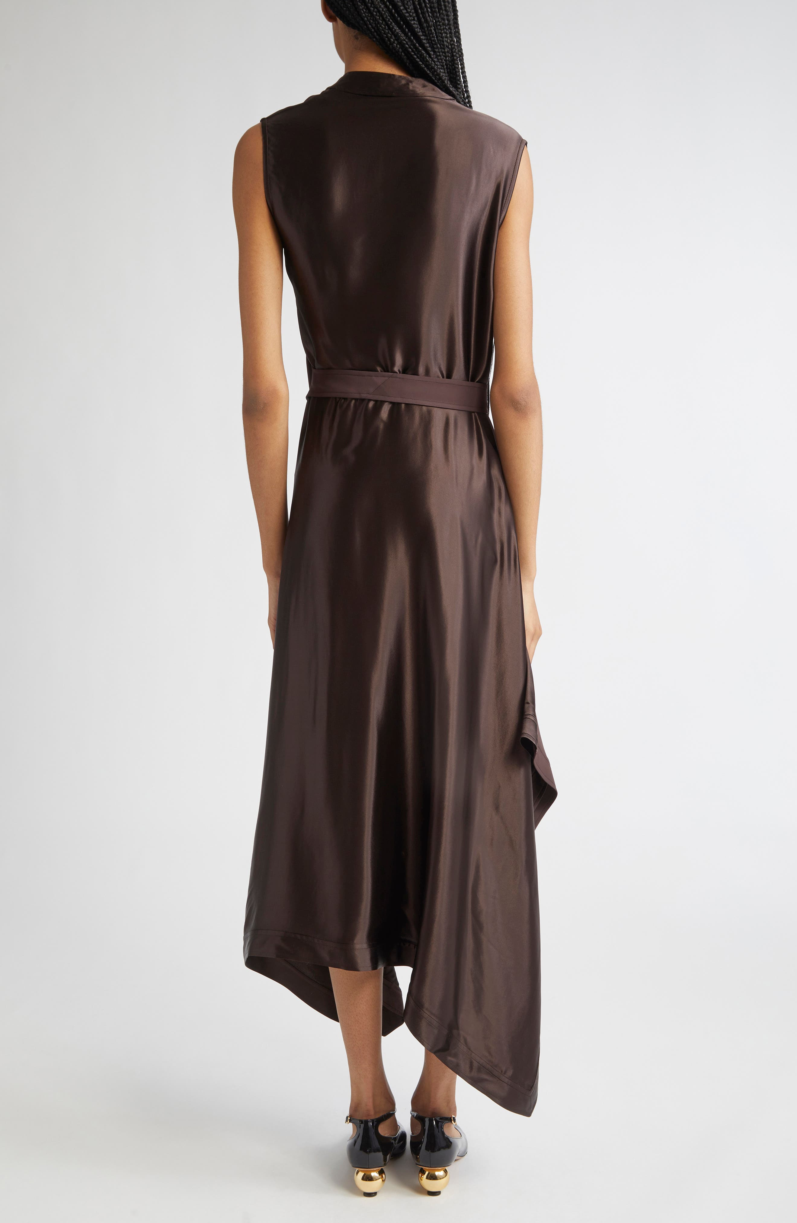 FERRAGAMO Belted Asymmetric Satin & Cady Dress in Expresso at Nordstrom - 2