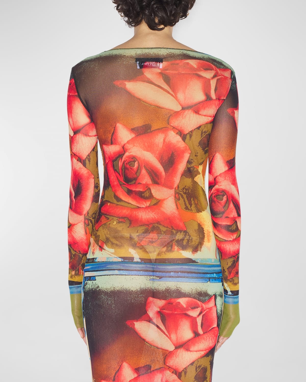 Roses-Print Long-Sleeve Mesh Maxi Dress - 5