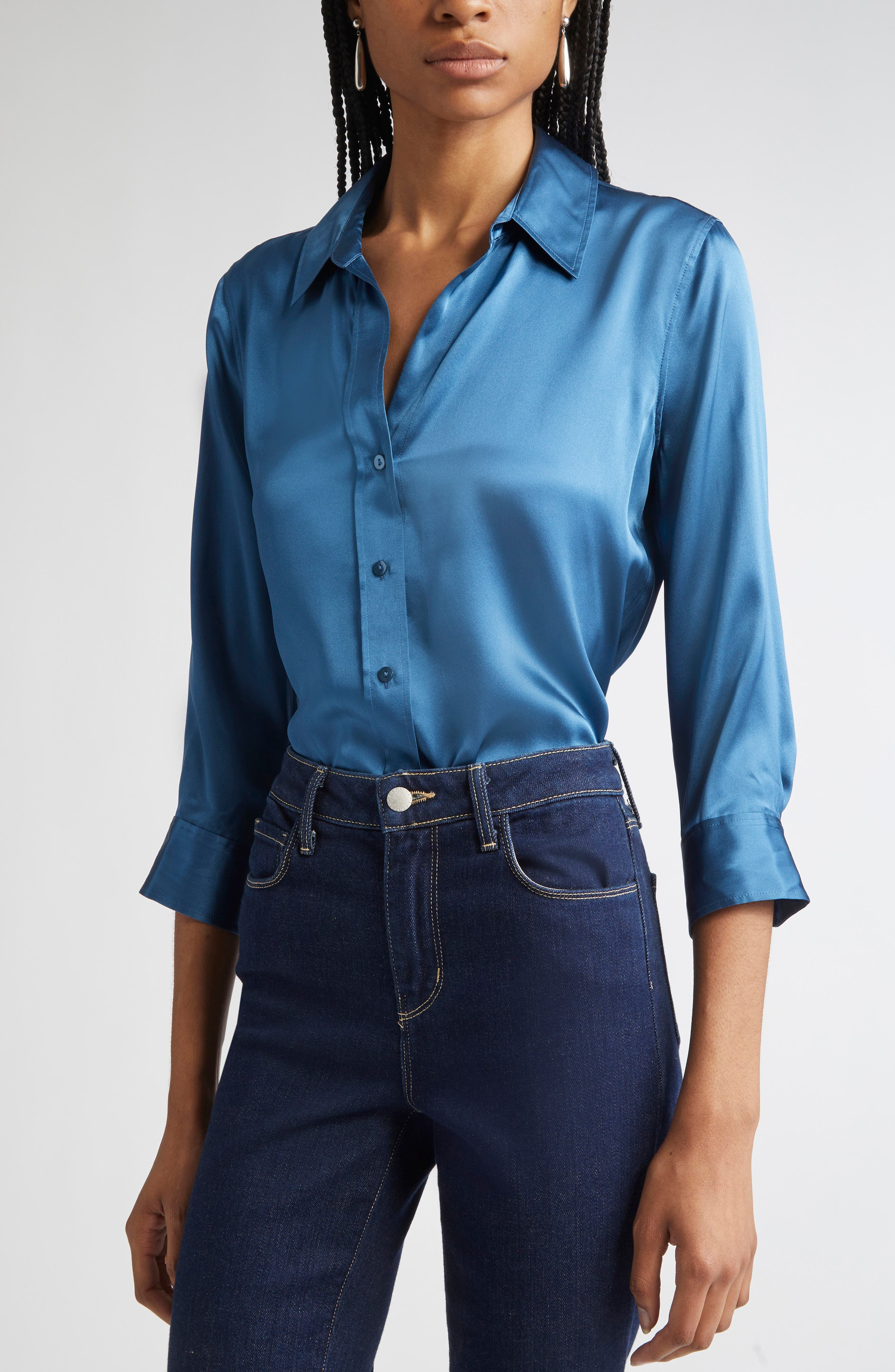 L'AGENCE Dani Silk Charmeuse Blouse in Stone Blue at Nordstrom - 1