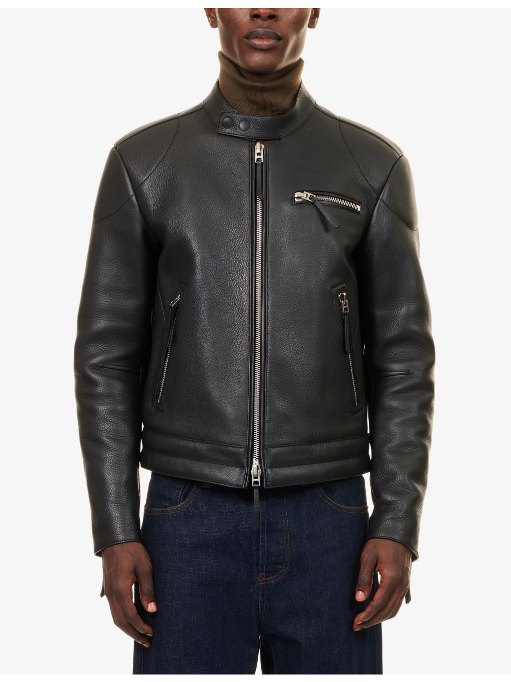 Stand-Collar Long-Sleeve Leather Biker Jacket - 3