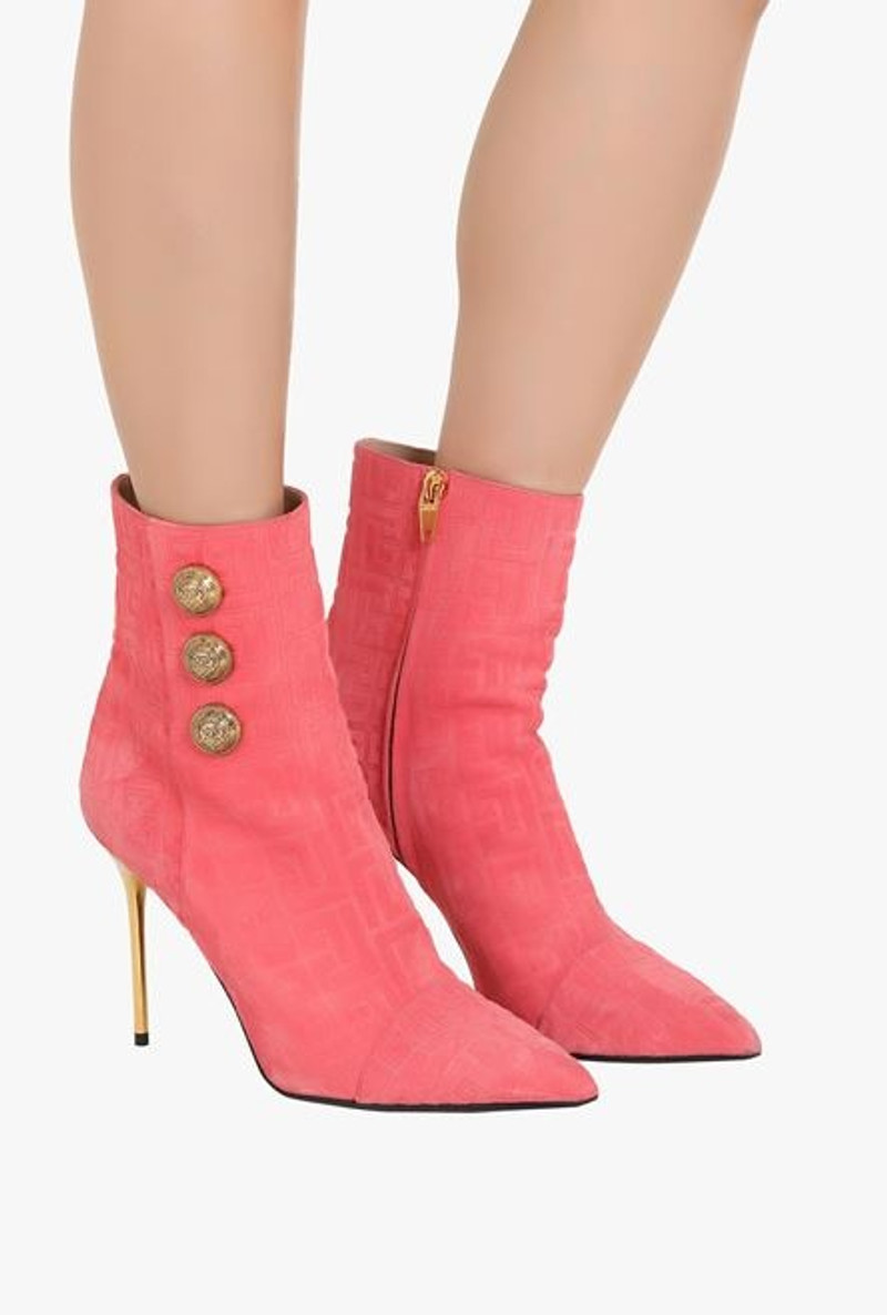 Balmain Fuchsia pink debossed suede Roni ankle boots with Balmain monogram outlook