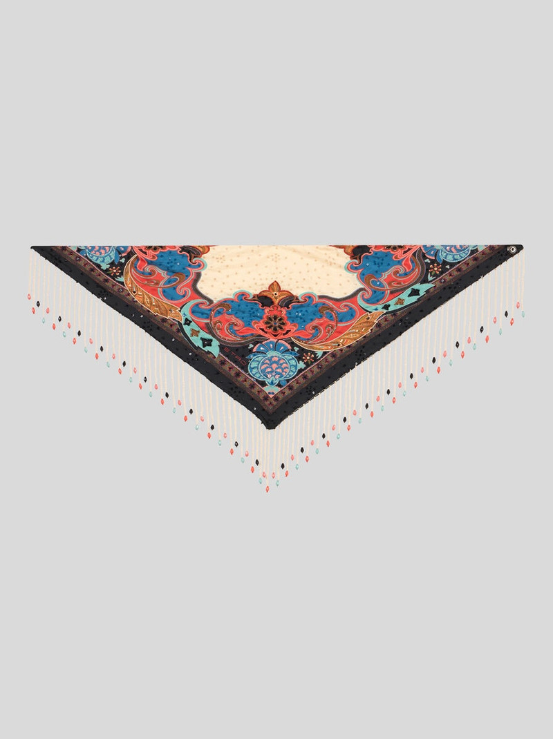 SILK SCARF WITH PLACED PRINT AND BEAD-ADORNED FRINGING 1