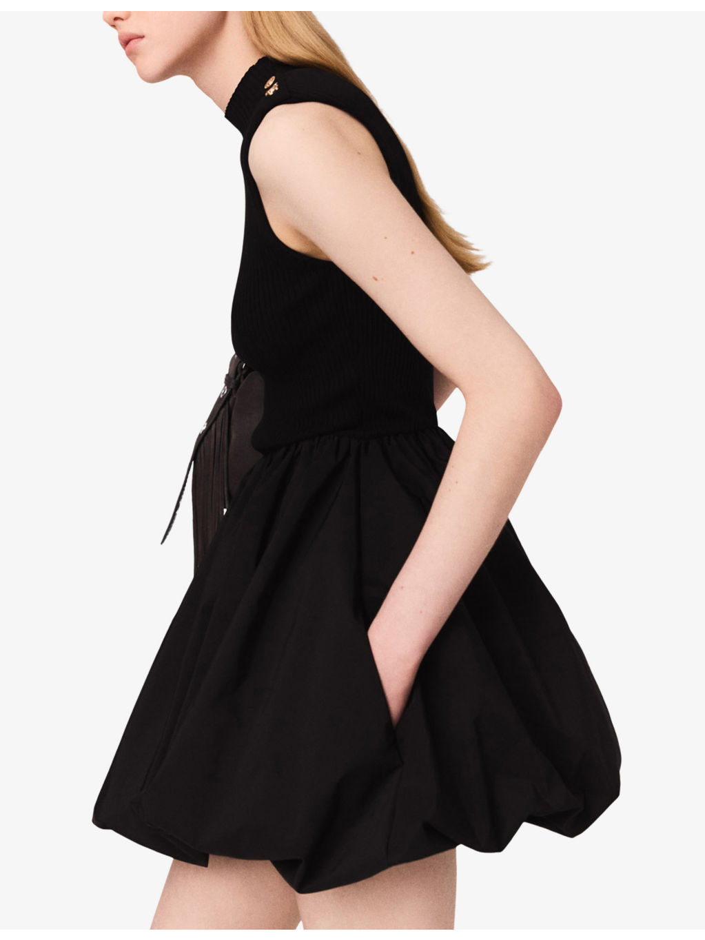 Button-Embellished Bubble-Hem Woven Mini Dress - 4
