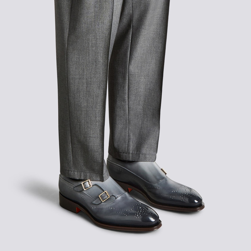 Santoni Men's grey leather double-buckle brogue shoe outlook