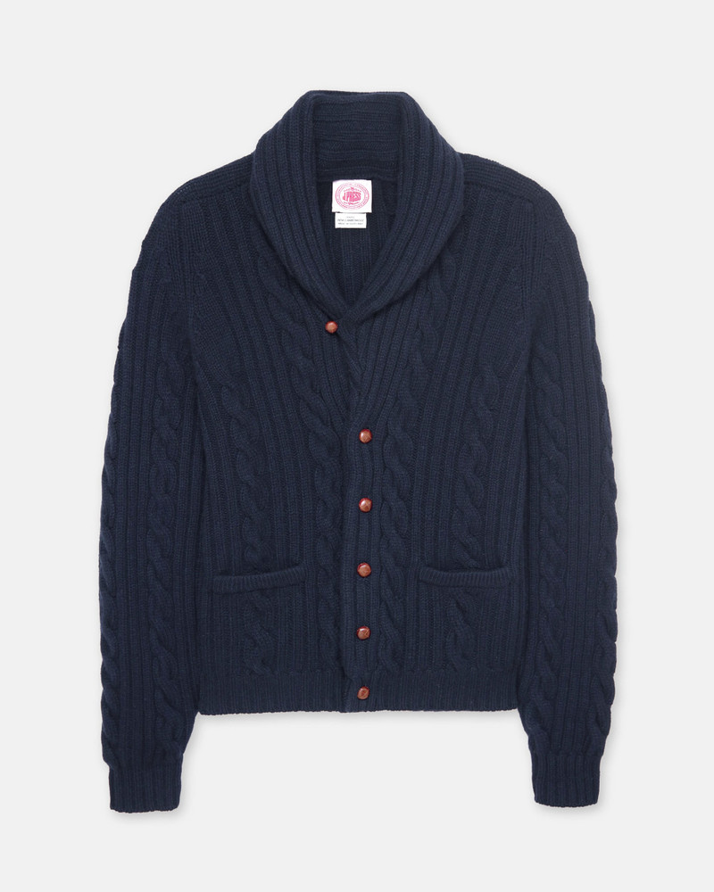 J. PRESS MADE-IN-SCOTLAND NAVY SHAWL COLLAR CABLEKNIT CARDIGAN outlook